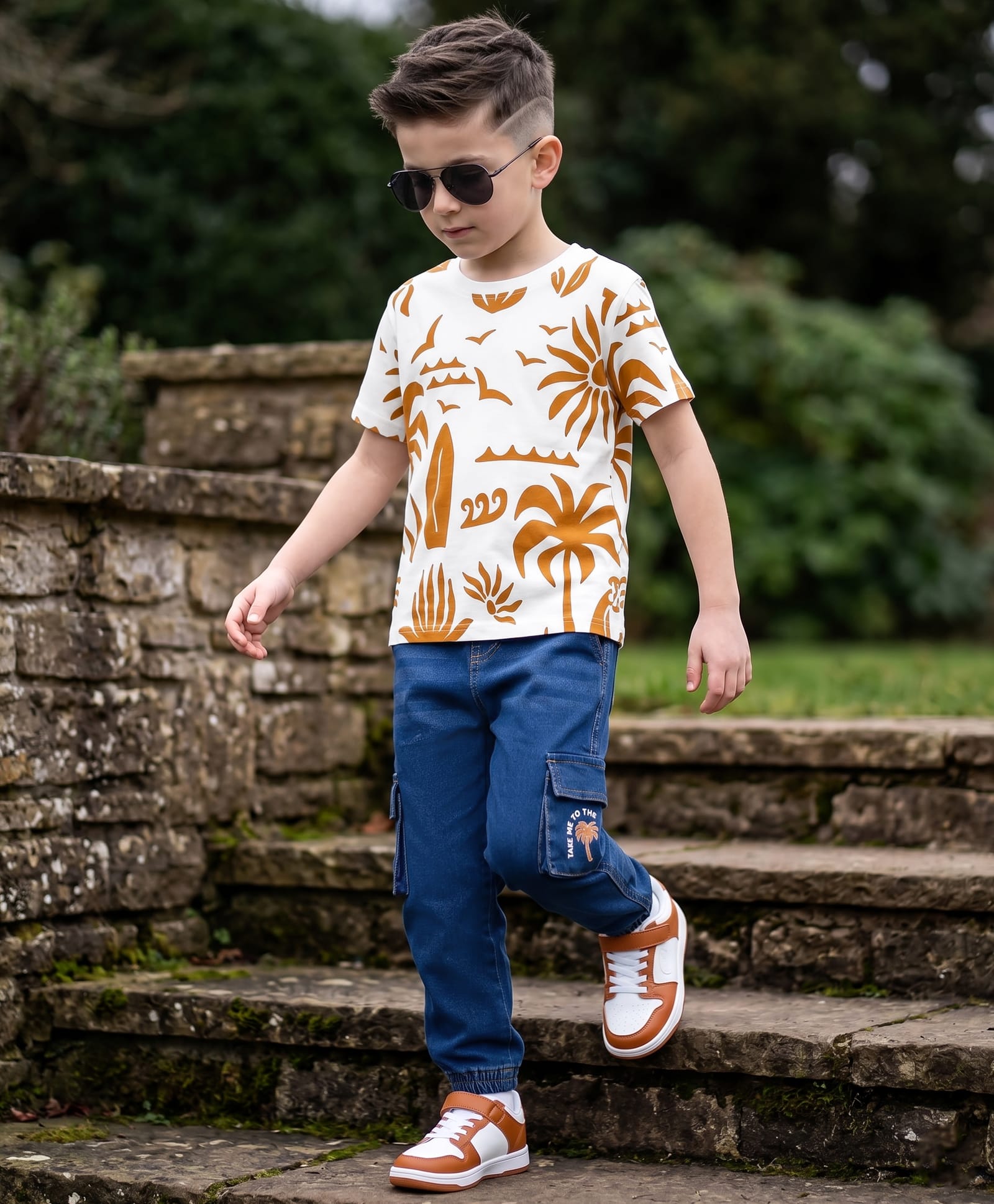 Ollington St. Cotton Knit Beach Theme Printed Half Sleeve T-Shirt & Denim Joggers - Multicolour & Navy Blue-picture-22