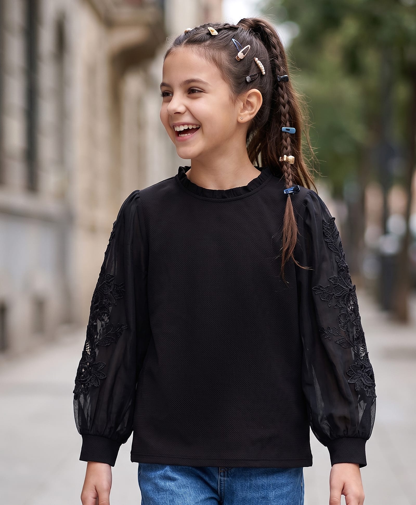 Pine Kids Woven Full Sleeves Solid Colour Top with Lace Detailing in Sleeves- Black-picture-13