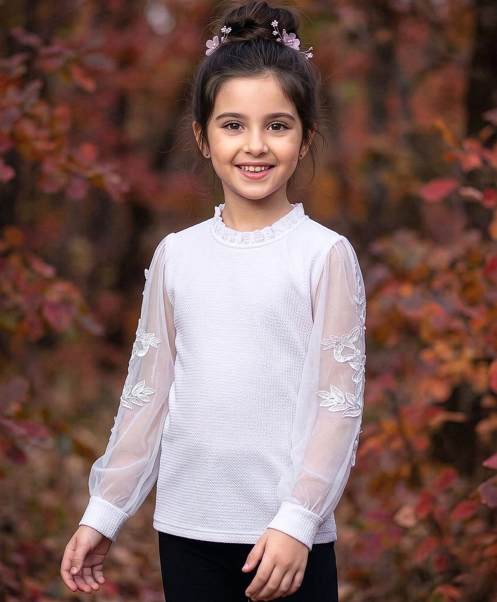 Pine Kids Woven Full Sleeves Top with Mesh Sleeves & Ruffle Neck - White-picture-13