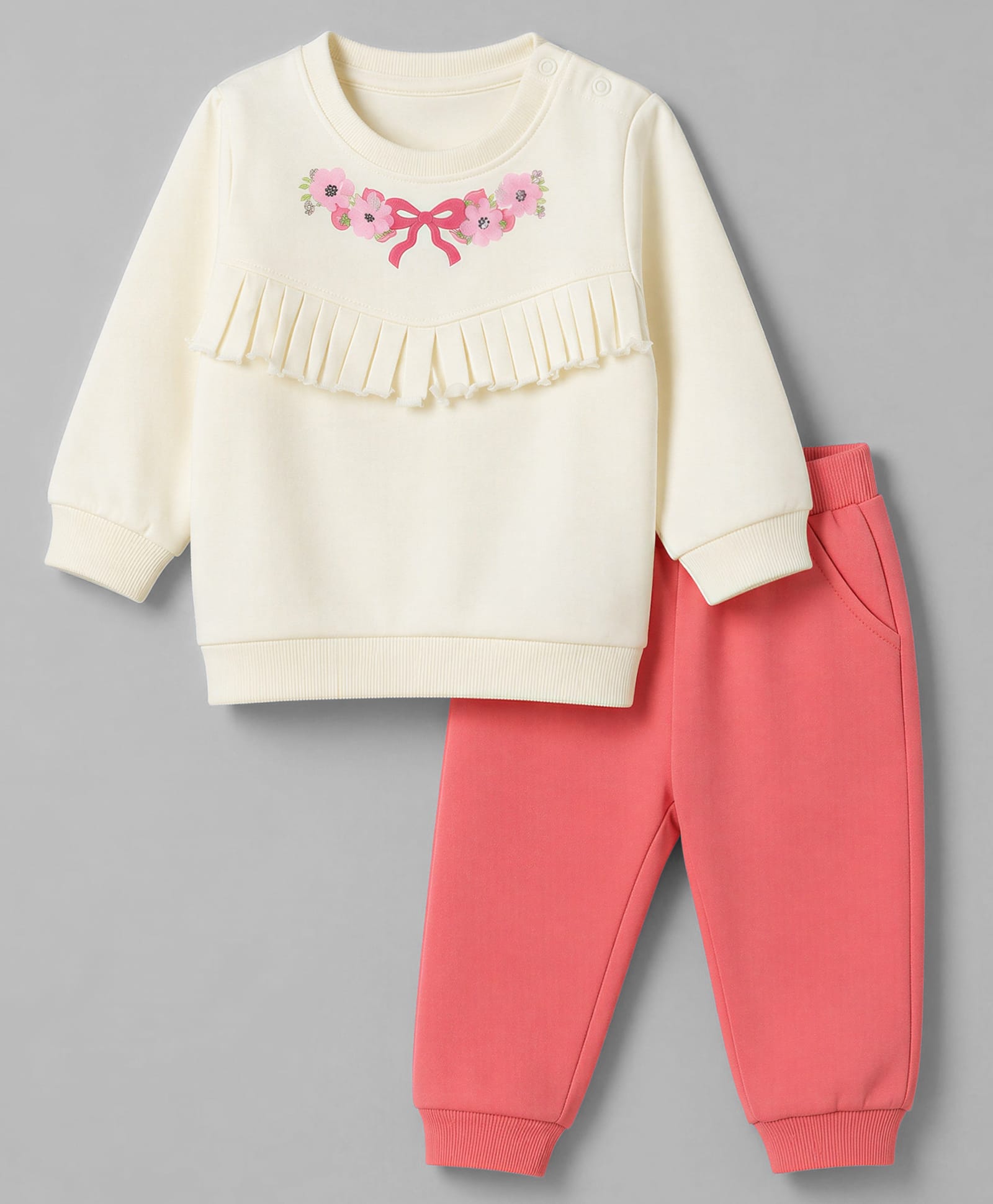 Babyoye 100% Cotton Knit Full Sleeves Floral Appliqued Winter Wear Suit - Pink & Beige-picture-28