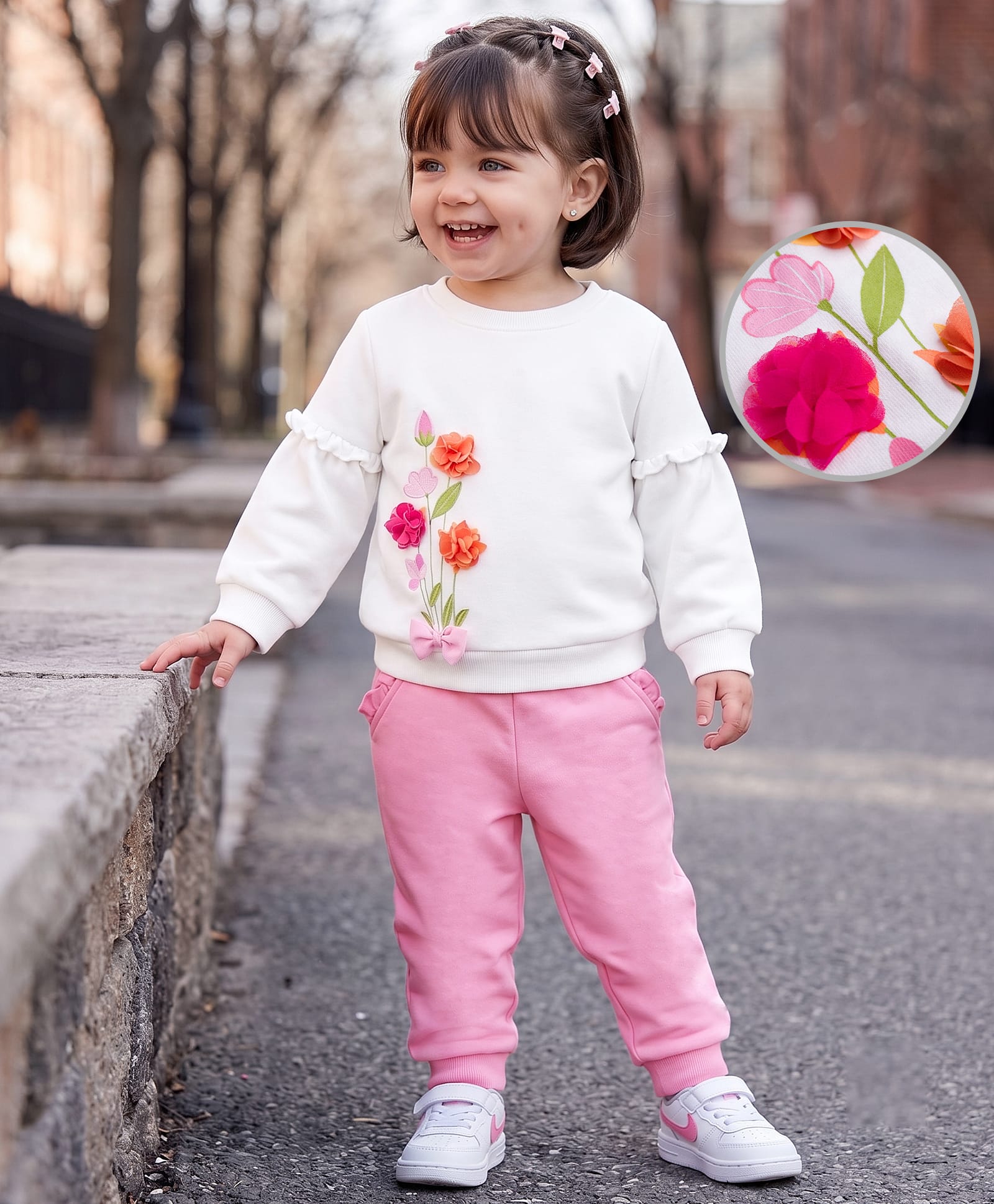 Babyoye 100% Cotton Full Sleeves Winter Wear Top & Pants Set with Floral Print & Applique - White & Pink-image-45