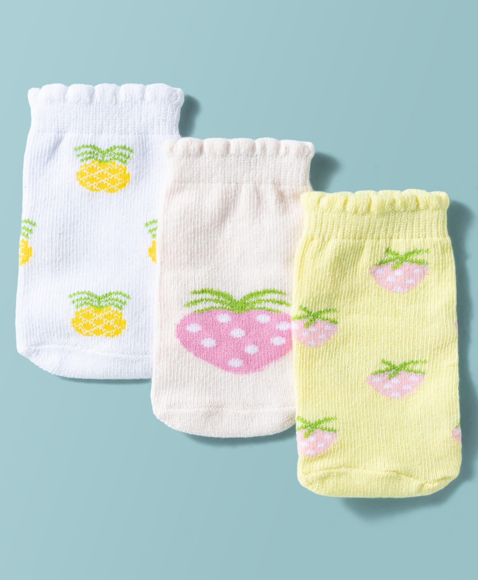 Doodle Poodle Cotton Knit Ankle Length Strawberry Design Socks Pack of 3 - White Yellow & Pink-picture-49