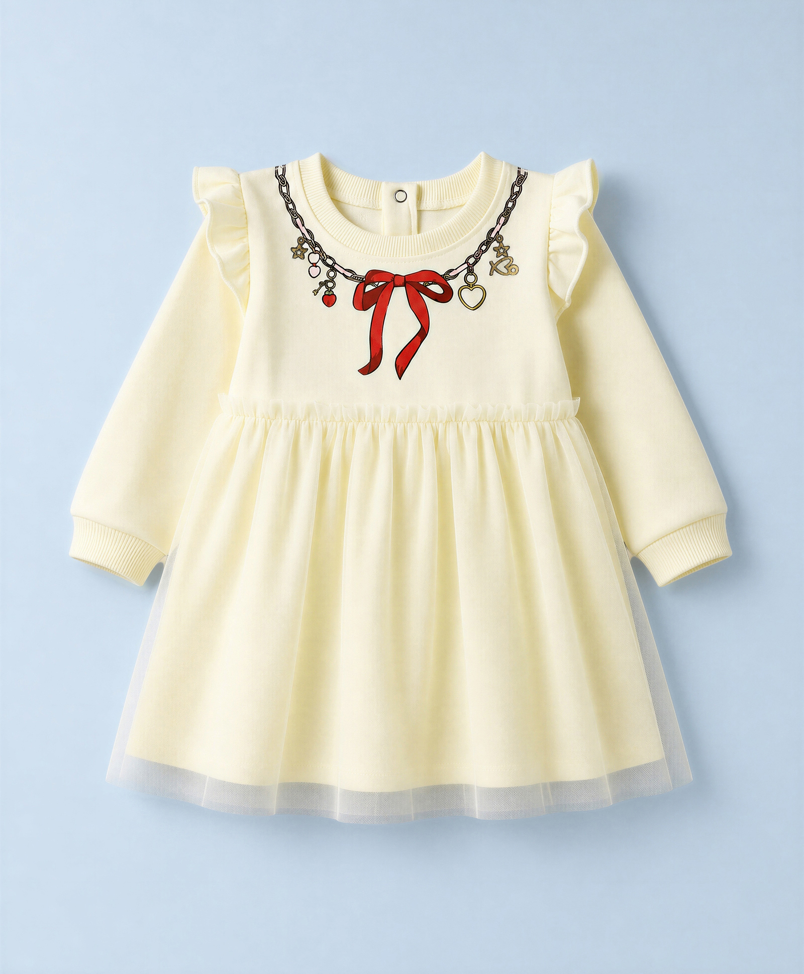 Babyoye 100% Cotton Terry Knit Winter Frock with Full Sleeves and Necklace Print in Neck -Light Yellow-picture-43