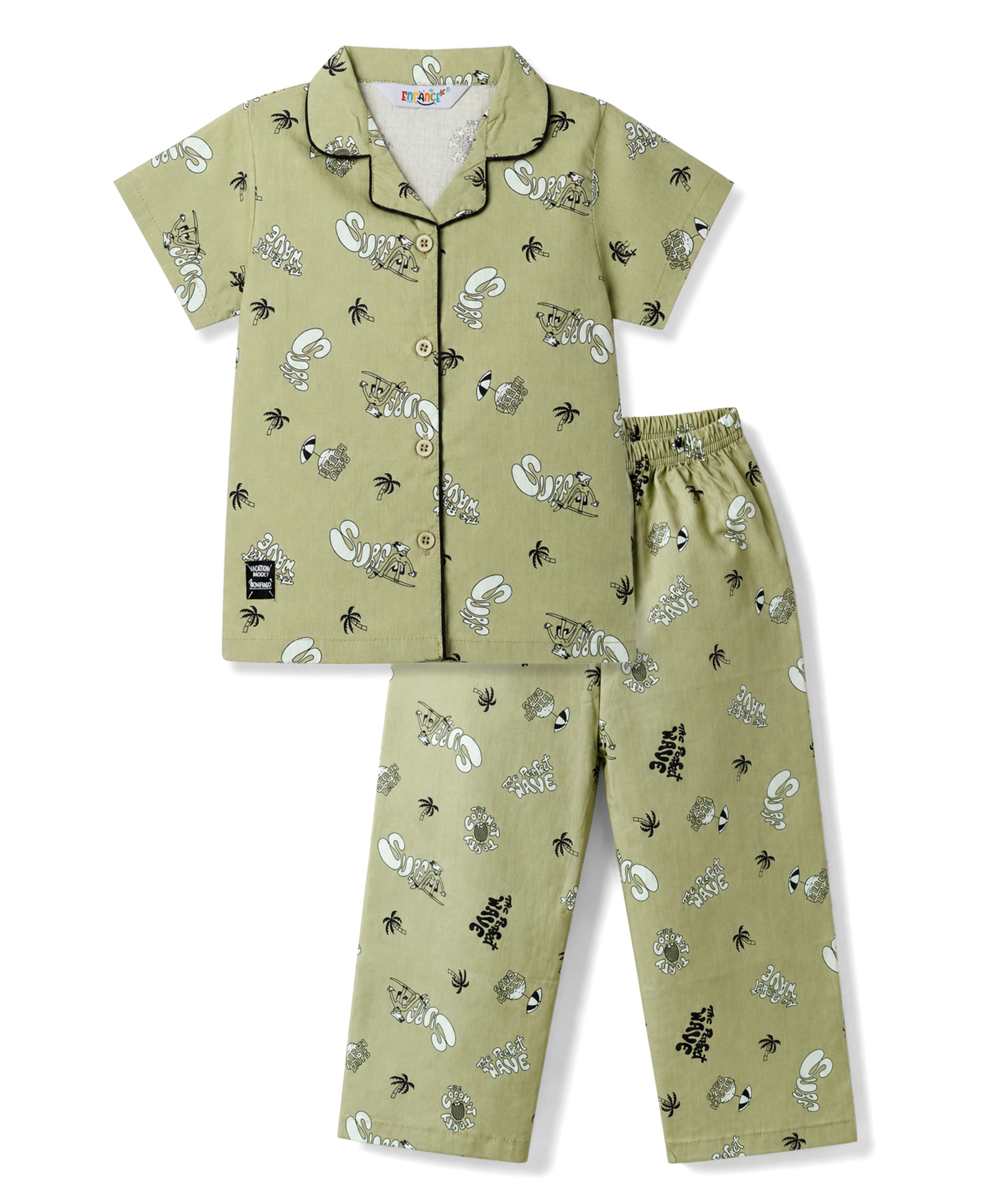 Enfance Core Cotton Woven Half Sleeves Beach Theme Printed Co-Ords Shirt & Pyjama Night Suit - Light Green-picture-27