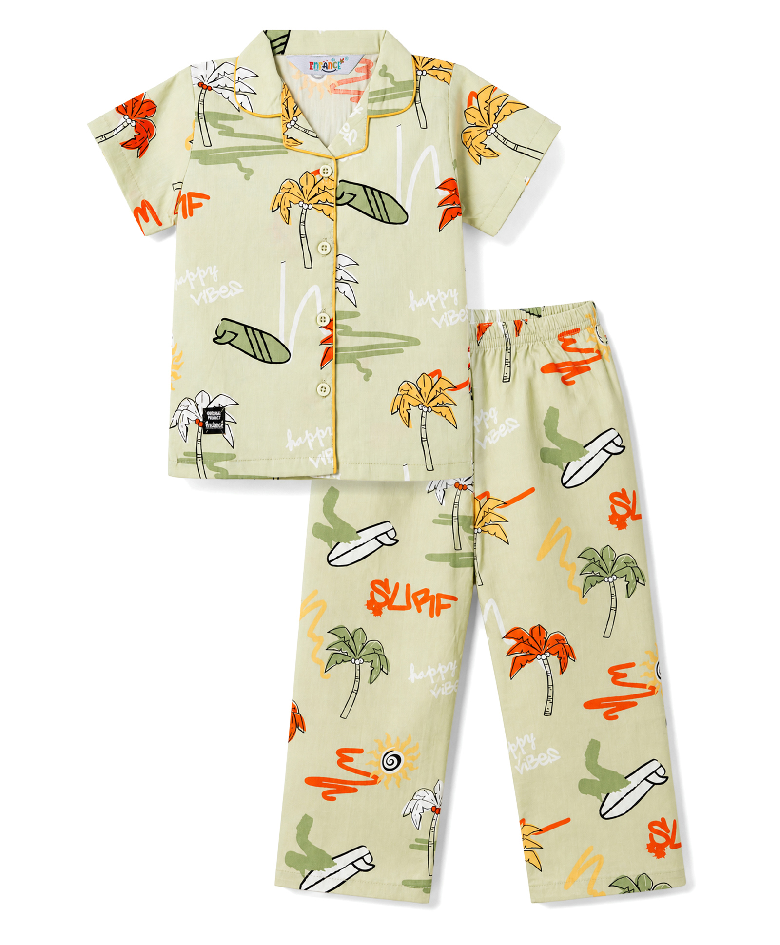 Enfance Core Cotton Woven Half Sleeves Beach Theme Printed Co-Ords Shirt & Pyjama Night Suit - Light Green-picture-28