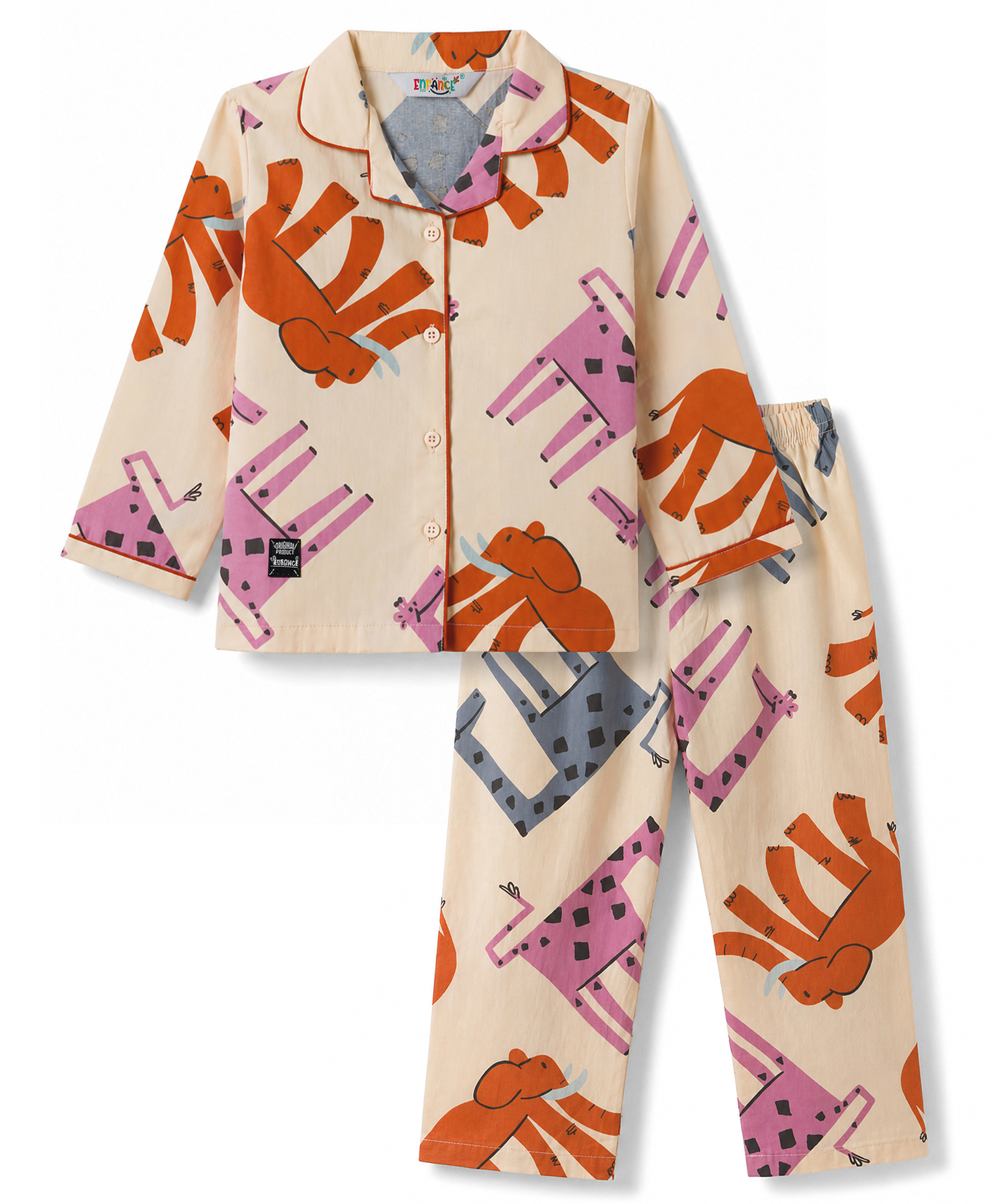 Enfance Core Cotton Woven Full Sleeves Animal Printed Shirt & Pyjama Night Suit - Off White-picture-19