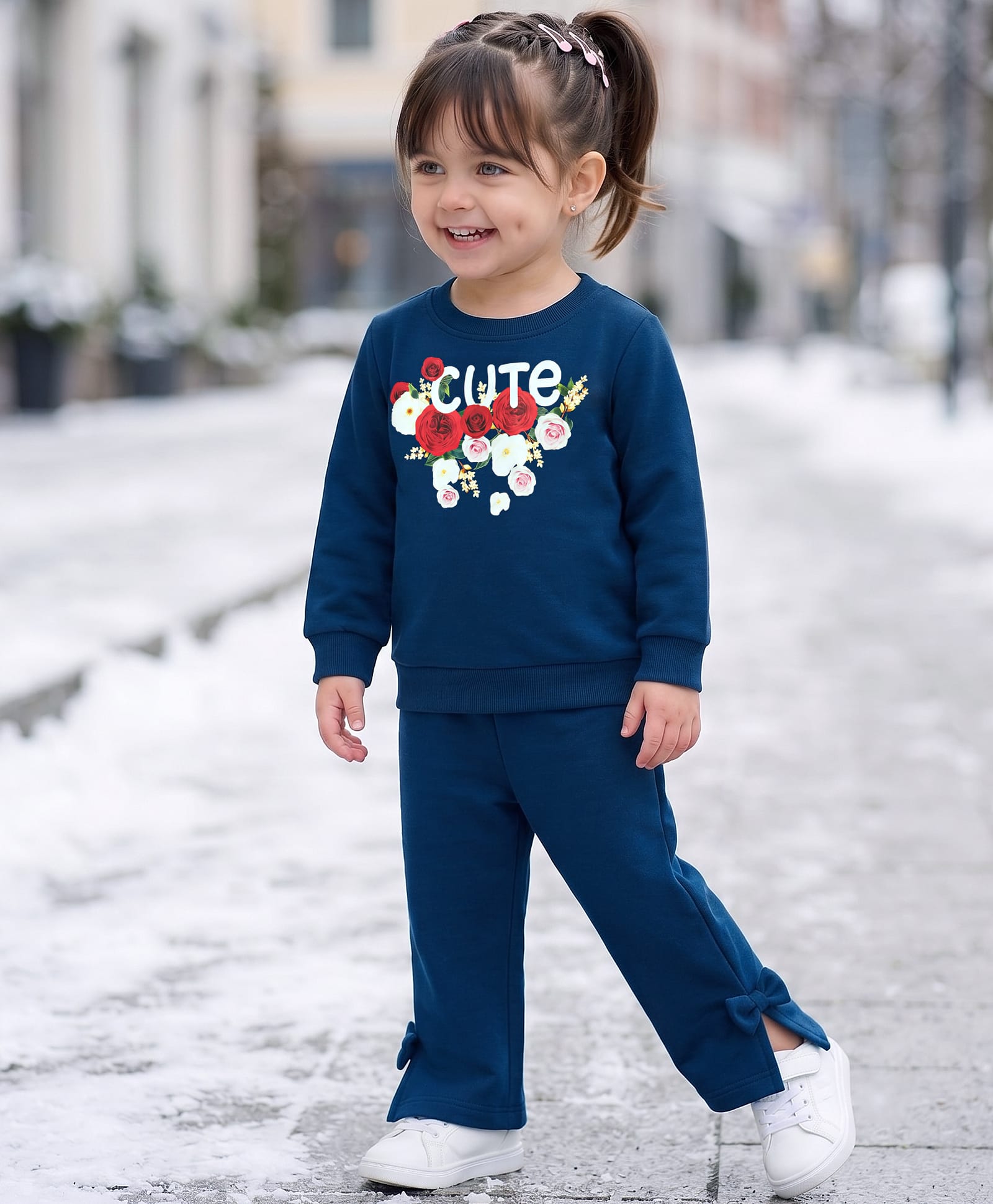 Babyoye 100% Cotton Knit Floral & Text Print Full Sleeves Winter Wear Sweatshirt & Pant Set - Navy-image-5