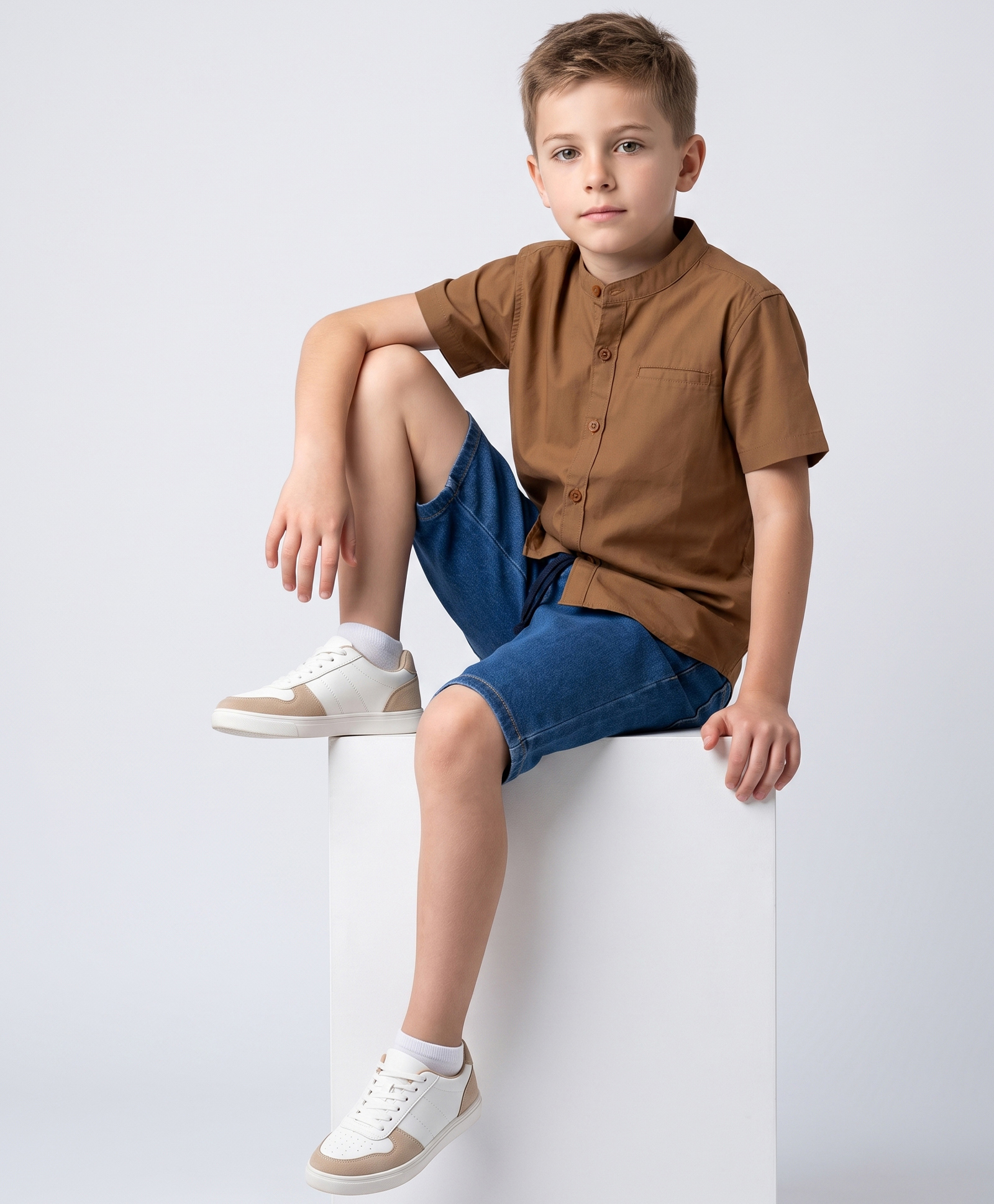 Pine Kids Cotton Woven Solid Color Half Sleeves Shirt & Shorts Set - Beige & Navy Blue-picture-21