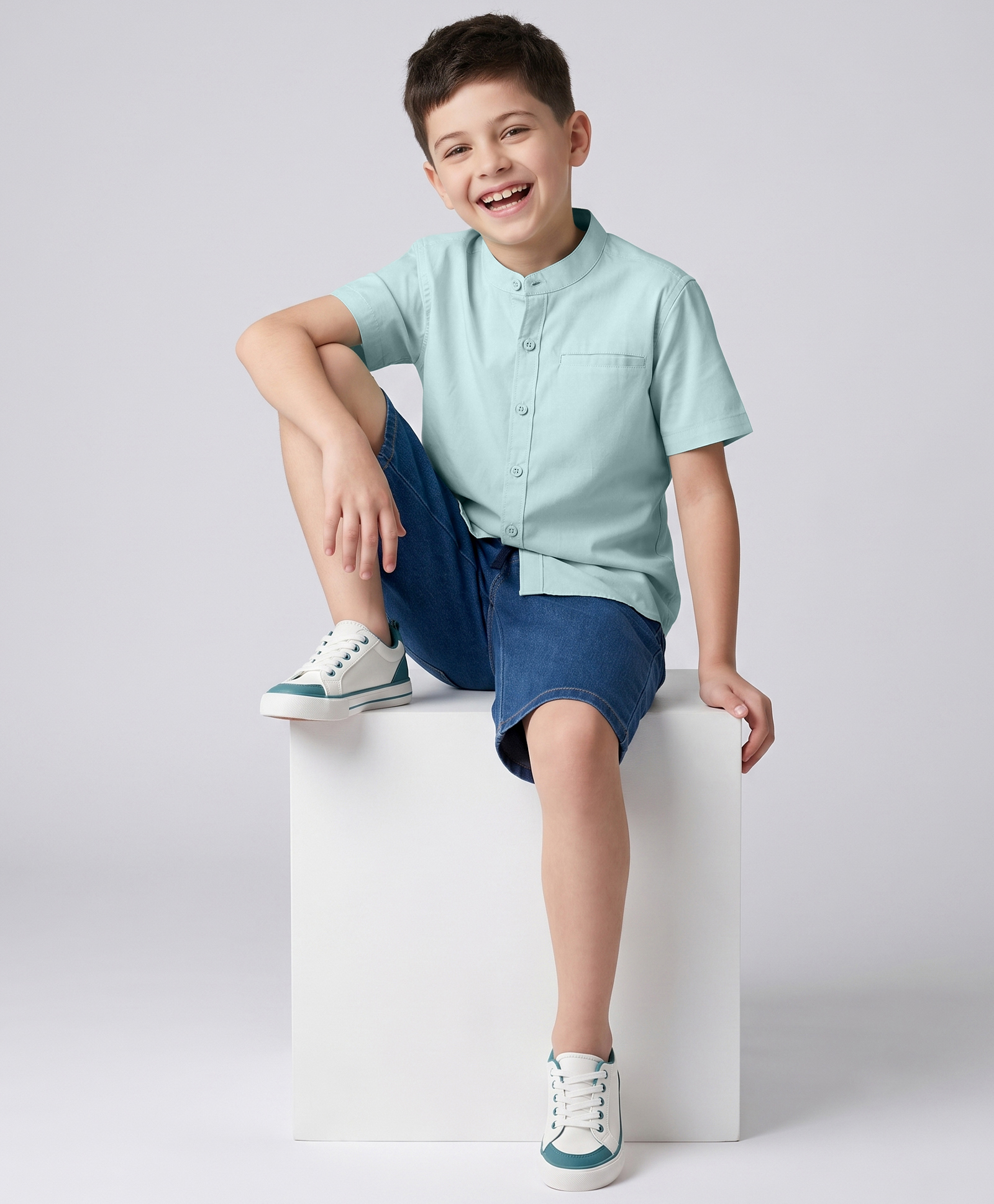 Pine Kids Cotton Woven Solid Color Half Sleeves Shirt & Shorts Set - Light Blue-picture-33