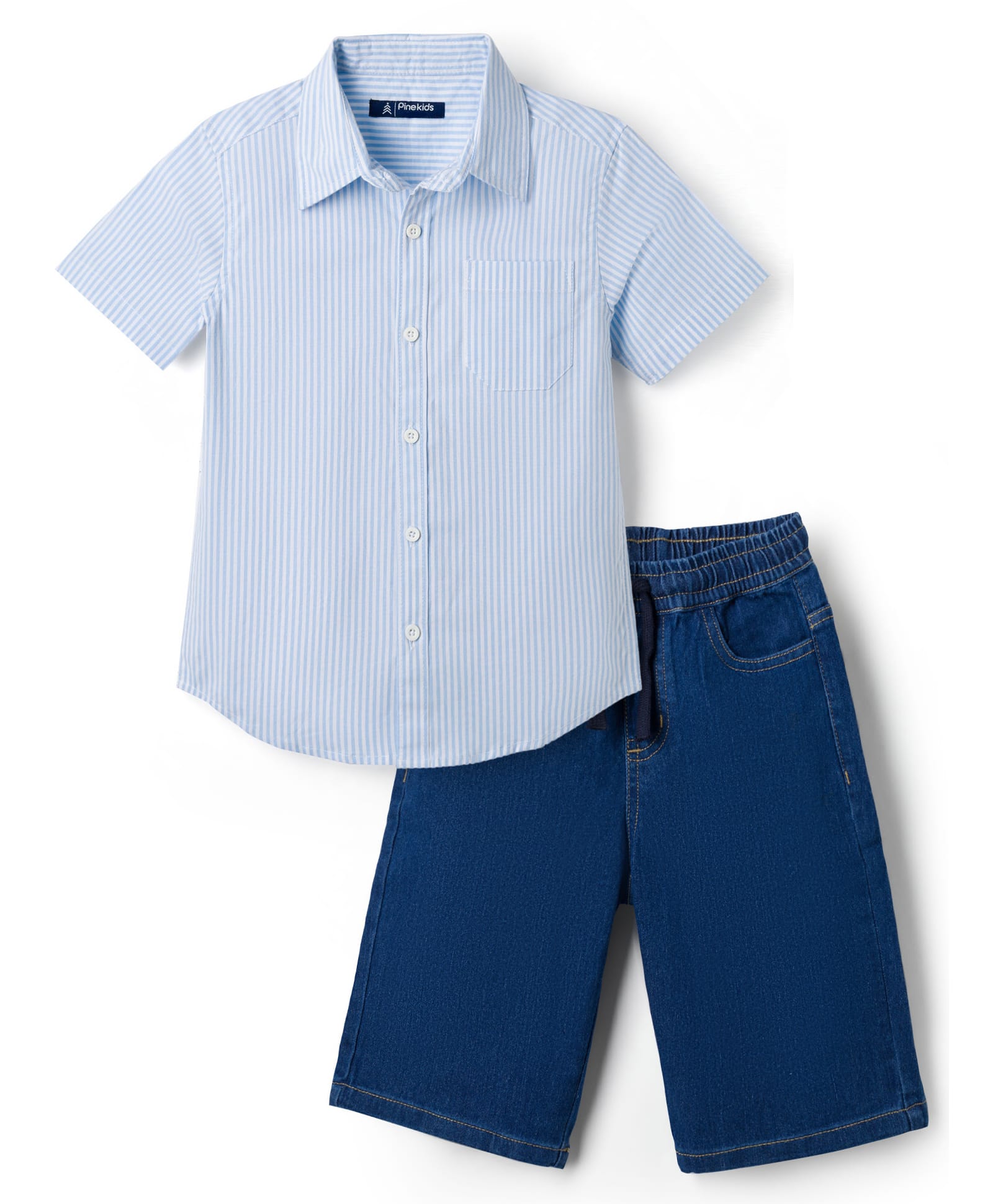 Pine Kids Cotton Woven Half Sleeves Striped Shirt and Denim Shorts Set - Light Blue-picture-19