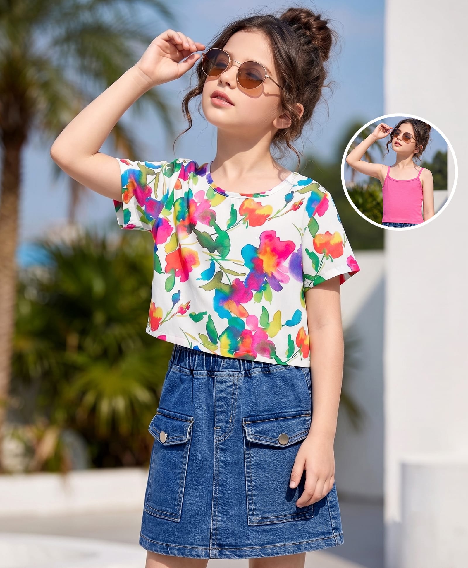 OLLINGTON ST. Set of Chiffon Woven Half Sleeves Floral Printed Top & Stretchable Denim with Inner T-Shirt - Multicolour Dark Pink & Blue-image-32