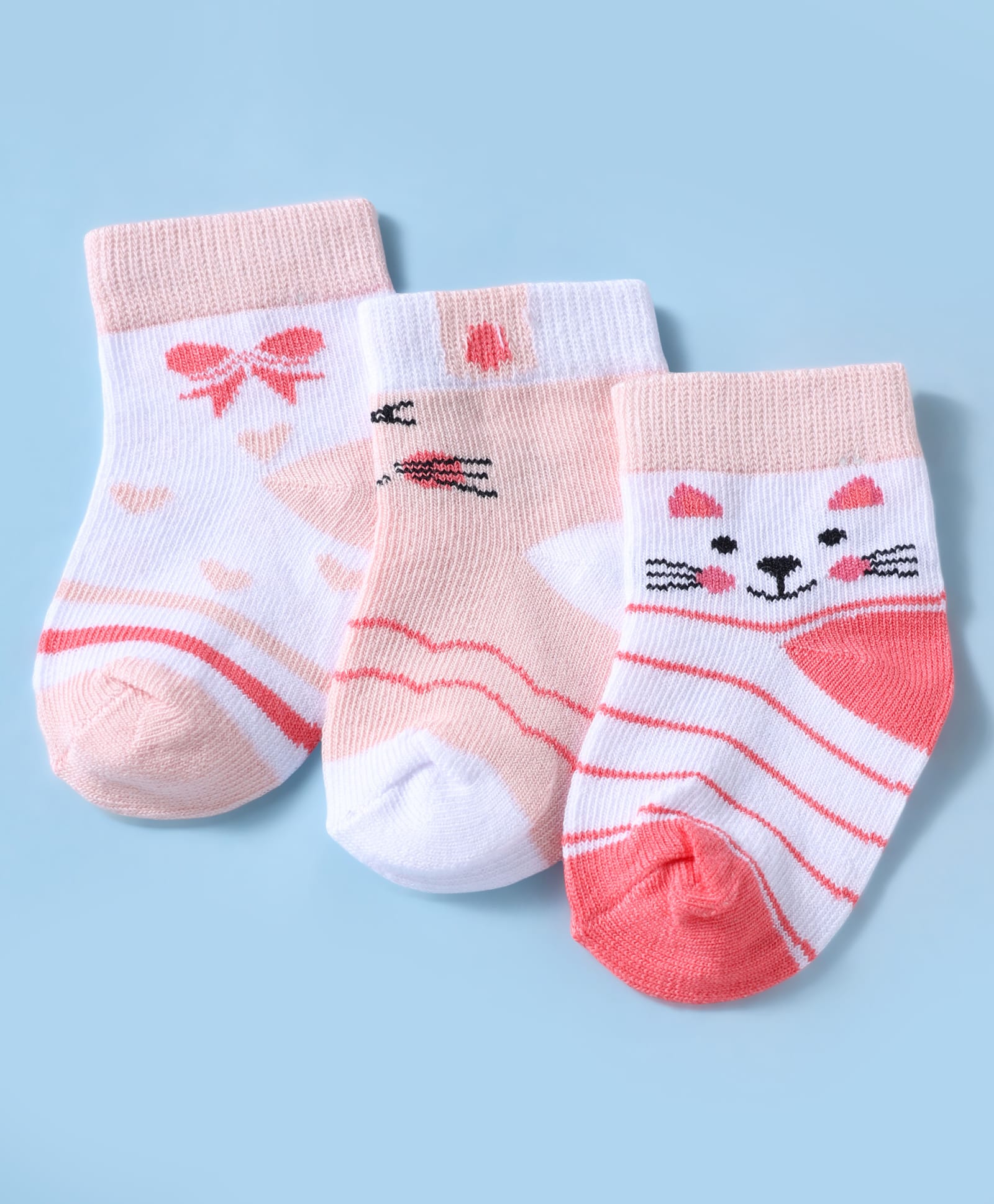Doodle Poodle Knit Ankle Length Socks with Stripes & Kitty Design Pack of 3 - White & Pink-image-37