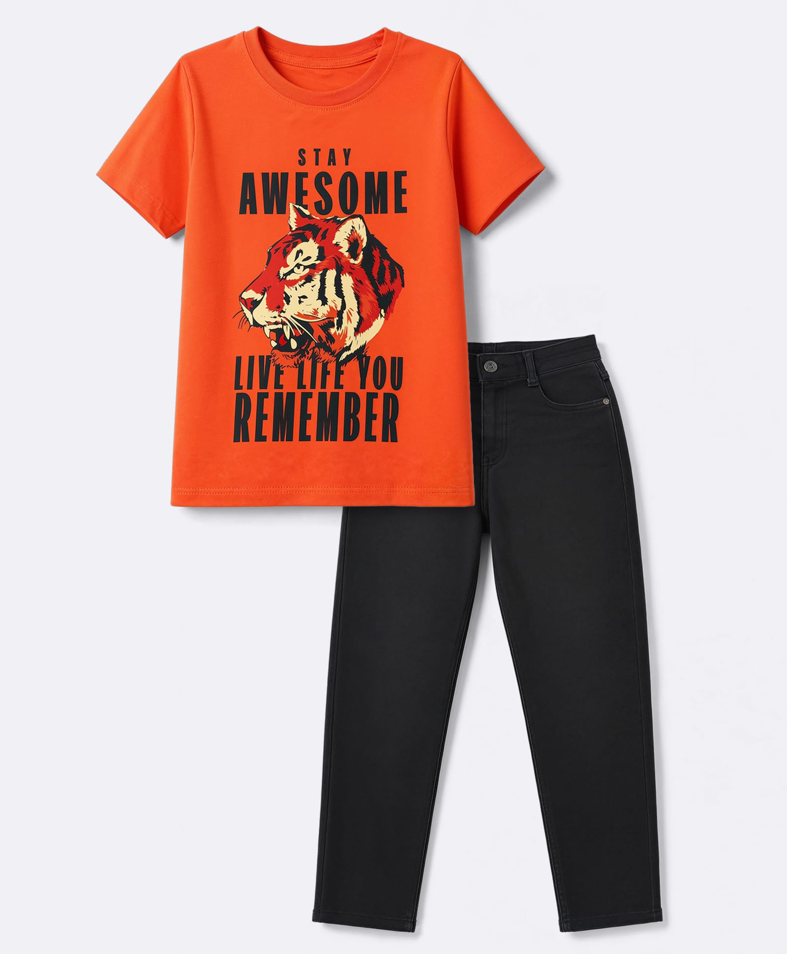 Pine Kids Cotton Knit Half Sleeves Text Printed T-Shirt and Jeans Set - Orange & Black-image-47