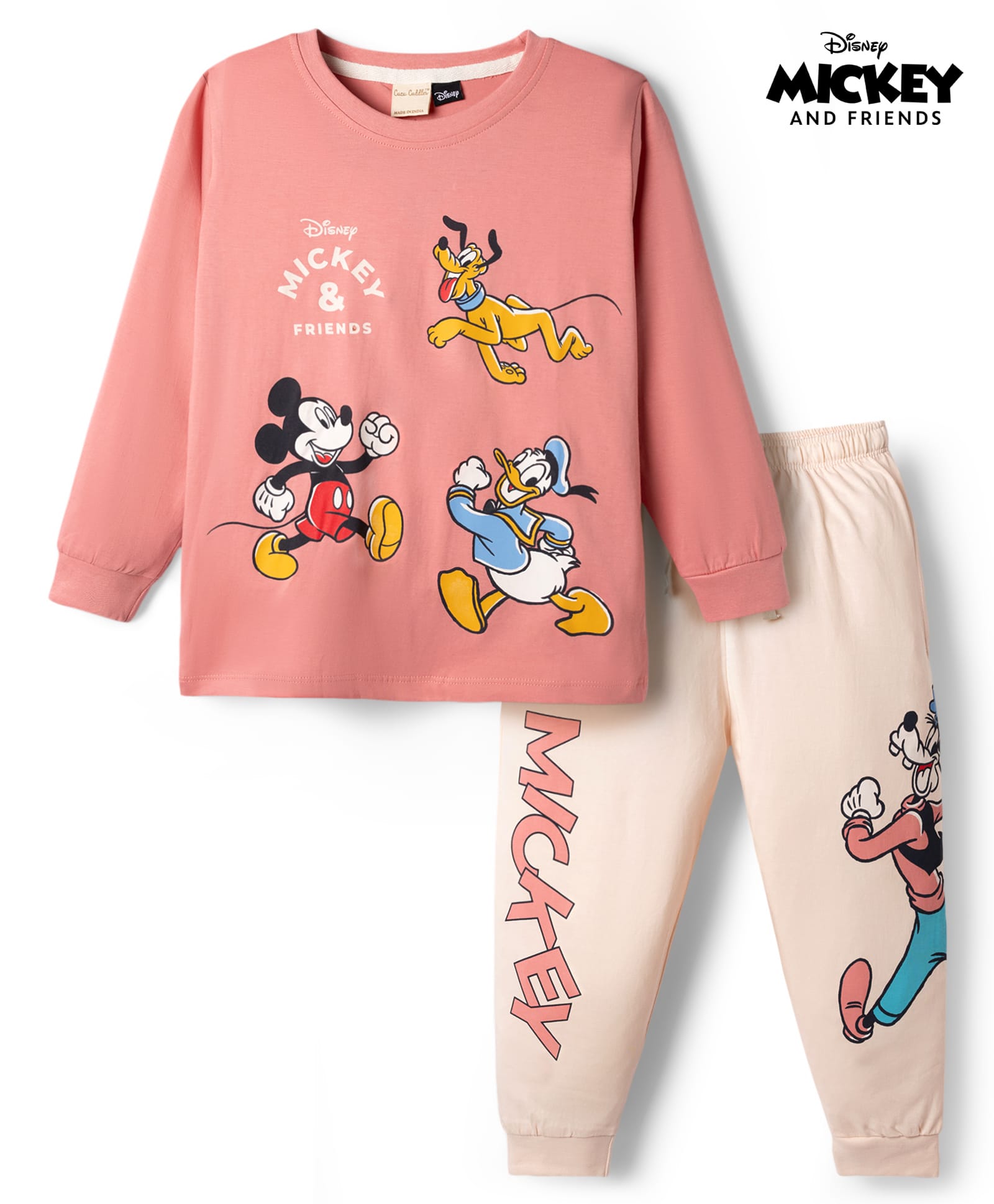 CUCUMBER Sinker Knit Full Sleeves T-Shirt & Lounge Pant Set with Donald Duck & Mickey Mouse Print - Light Pink-picture-24
