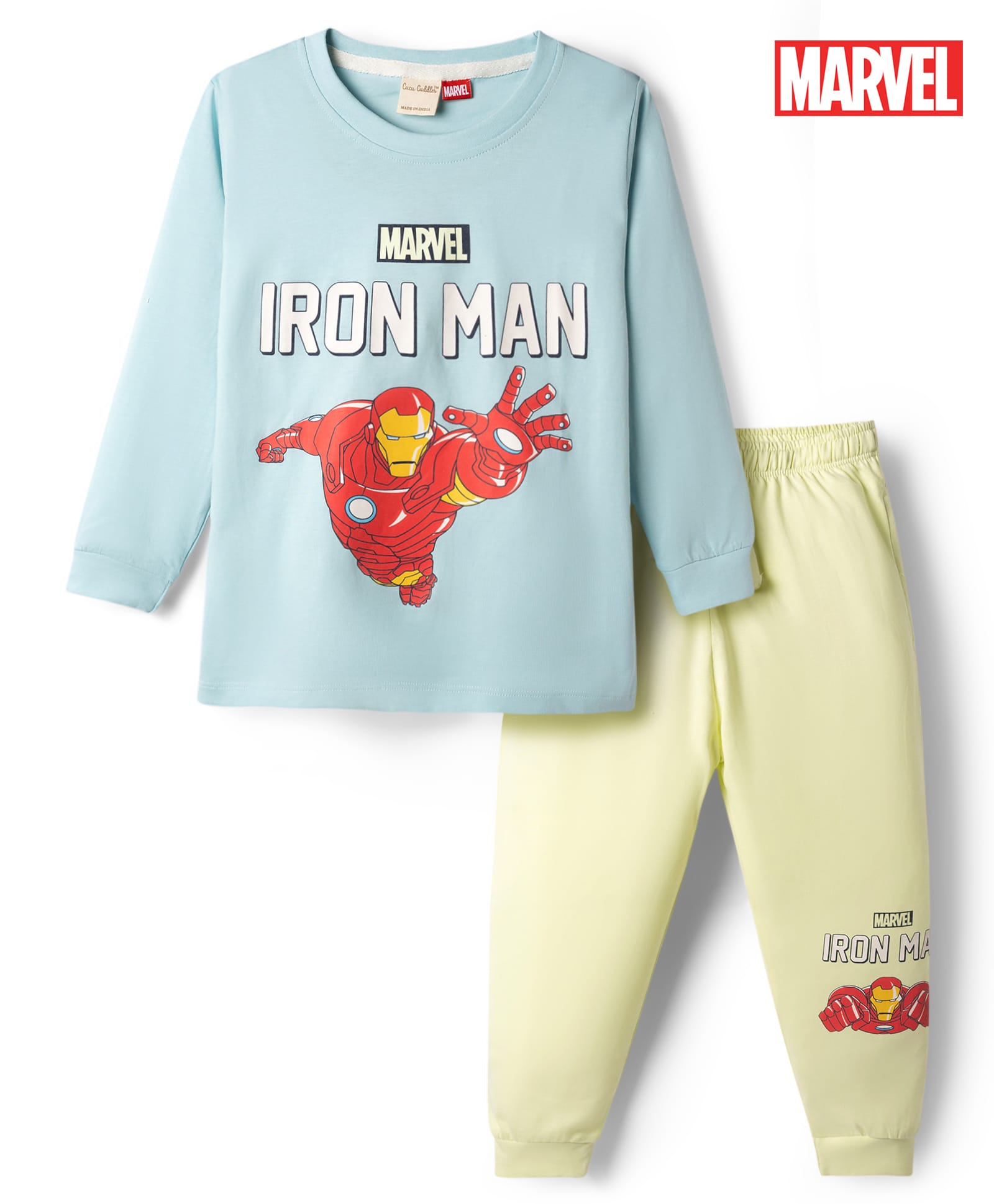 CUCUMBER Sinker Knit Full Sleeves T-Shirt & Lounge Pant Set with Iron Man Print - Sky Blue-picture-25