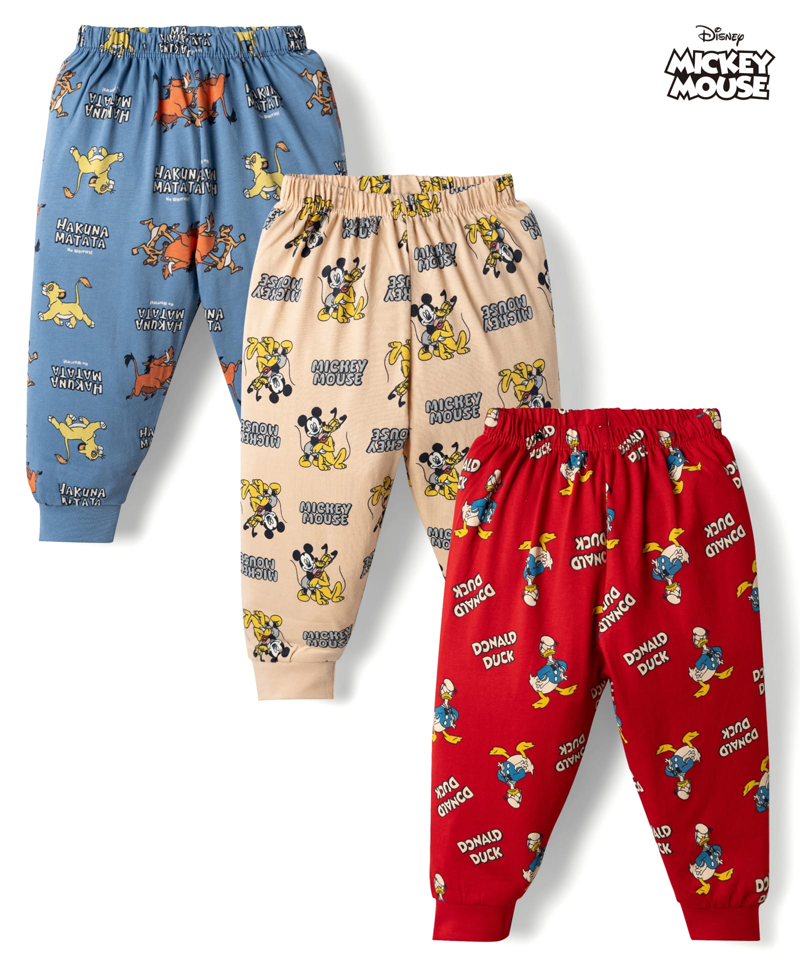 CUCUMBER Cotton Knit Full Length Lounge Pant with Hakuna Matata & Mickey Print Pack of 3 - Dark Red Blue & Cream-image-18