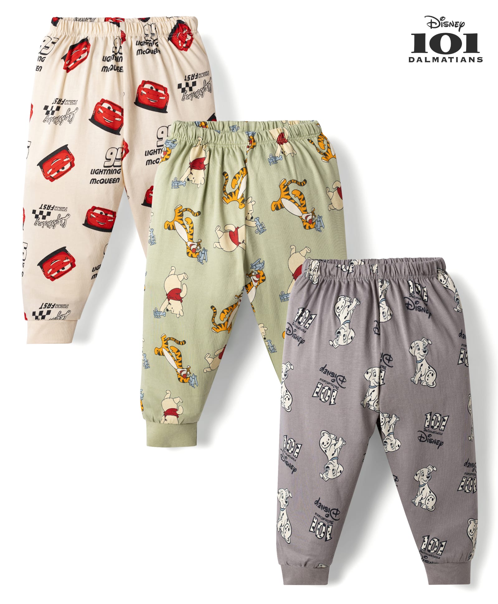 CUCUMBER Cotton Knit Full Length Lounge Pant with Cars Winnie the Pooh & 101 Dalmatians Print Pack of 3 - Olive-picture-11