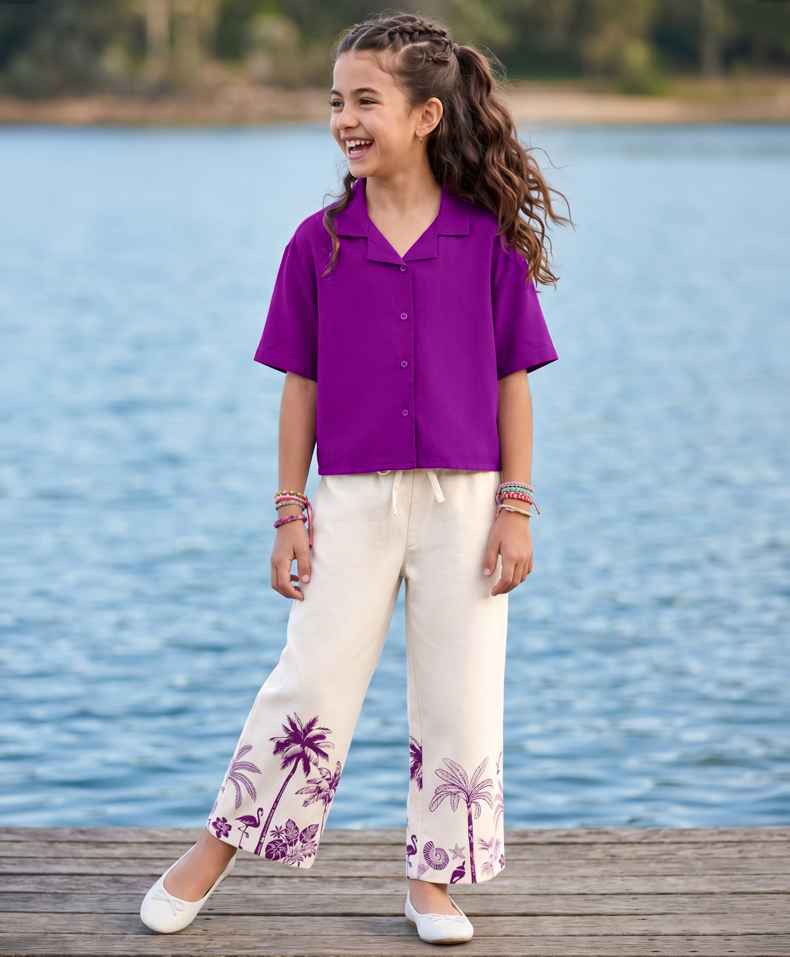Pine Kids Cotton Woven Half Sleeves Solid Shirt & Beach Theme Printed Pant Set - Purple-image-47