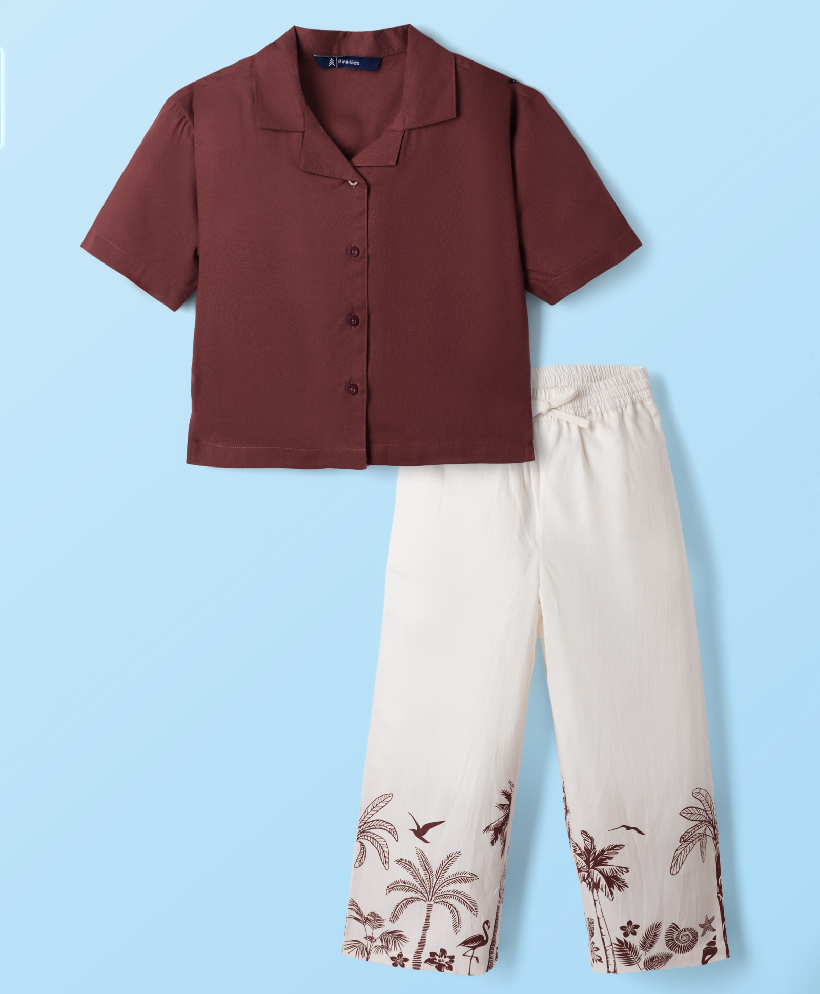 Pine Kids Cotton Woven Half Sleeves Shirt & Trousers Set with Tropical Theme Print - Maroon & White-picture-13