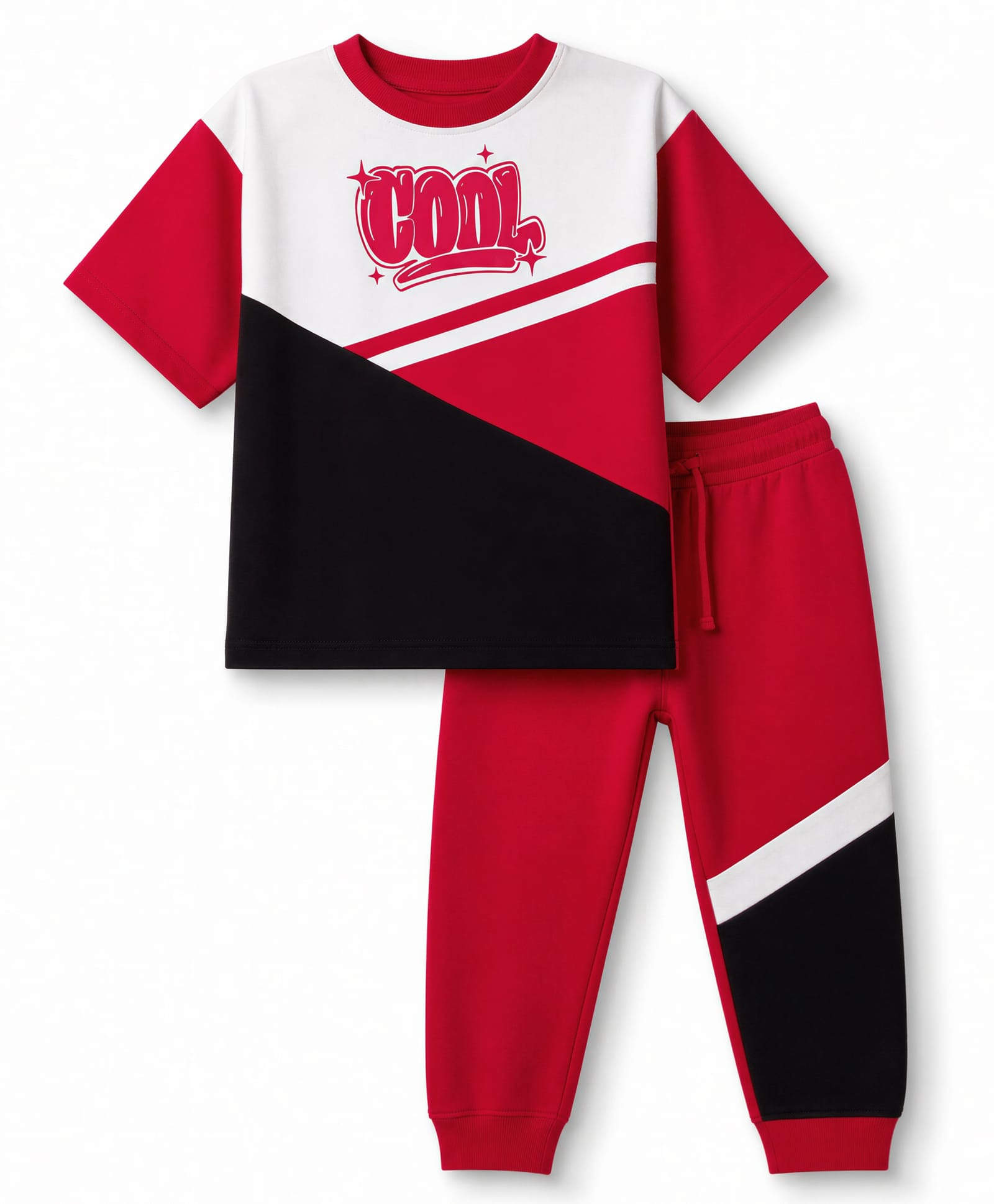 Pine Kids Looper Knit Half Sleeves T-Shirt & Joggers Set with Cut & Sew Design - Red-picture-37