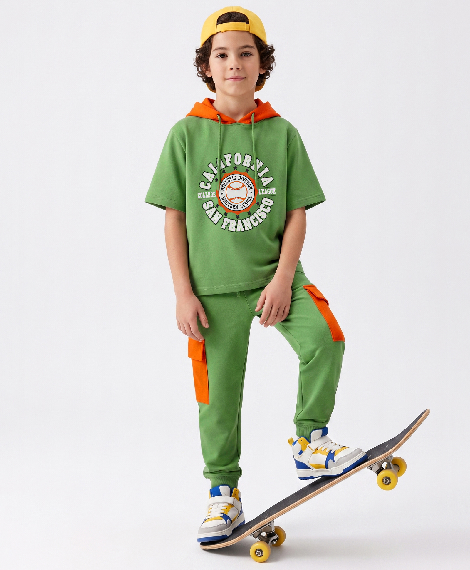 Pine Kids Looper Knit Half Sleeves Hooded T-Shirt & Lounge Pant Set - Green-image-27