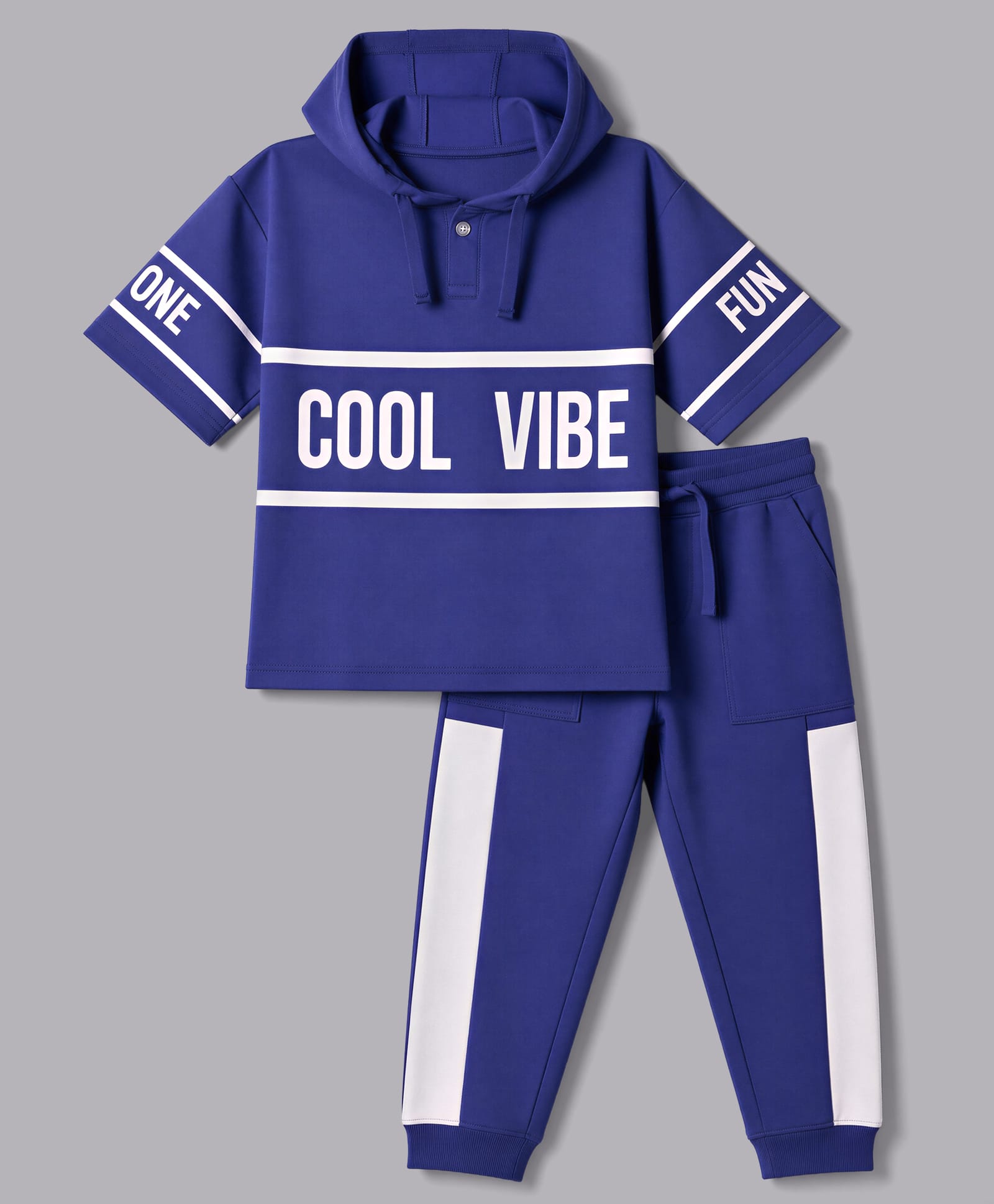 Pine Kids Looper Knit Half Sleeves Cool Vibe Printed Hooded Sweatshirt & Jogger set - Royal Blue-image-33