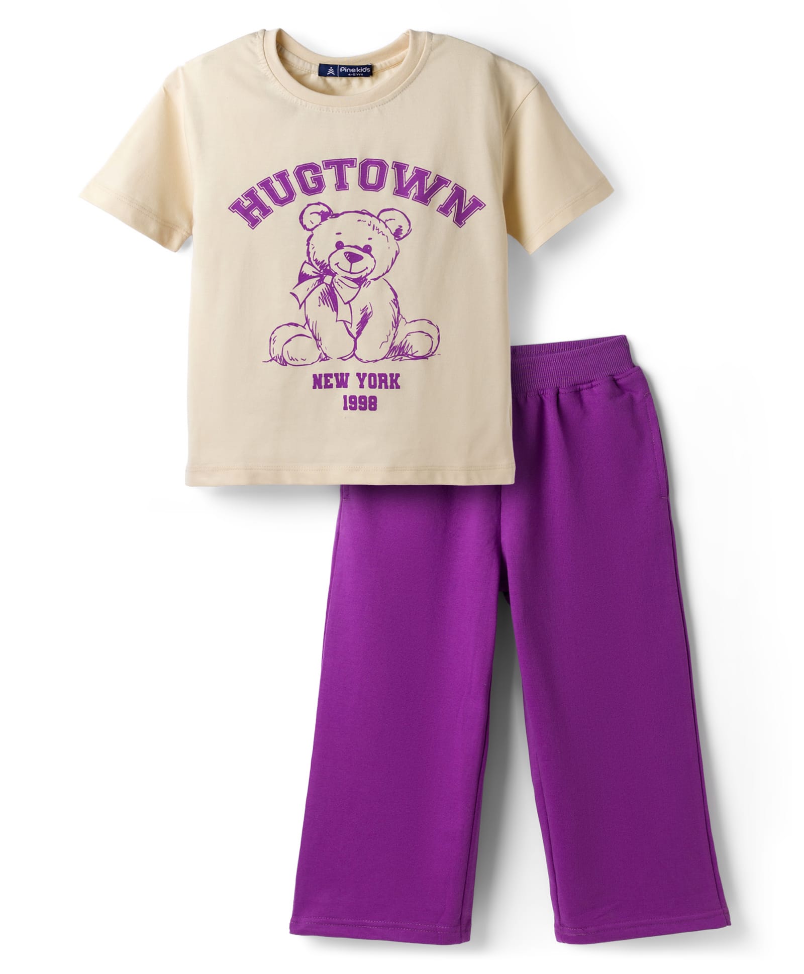 Pine Kids Cotton Looper Knit Half Sleeves Bear Printed Top & Track Pant Set - White & Purple-image-25