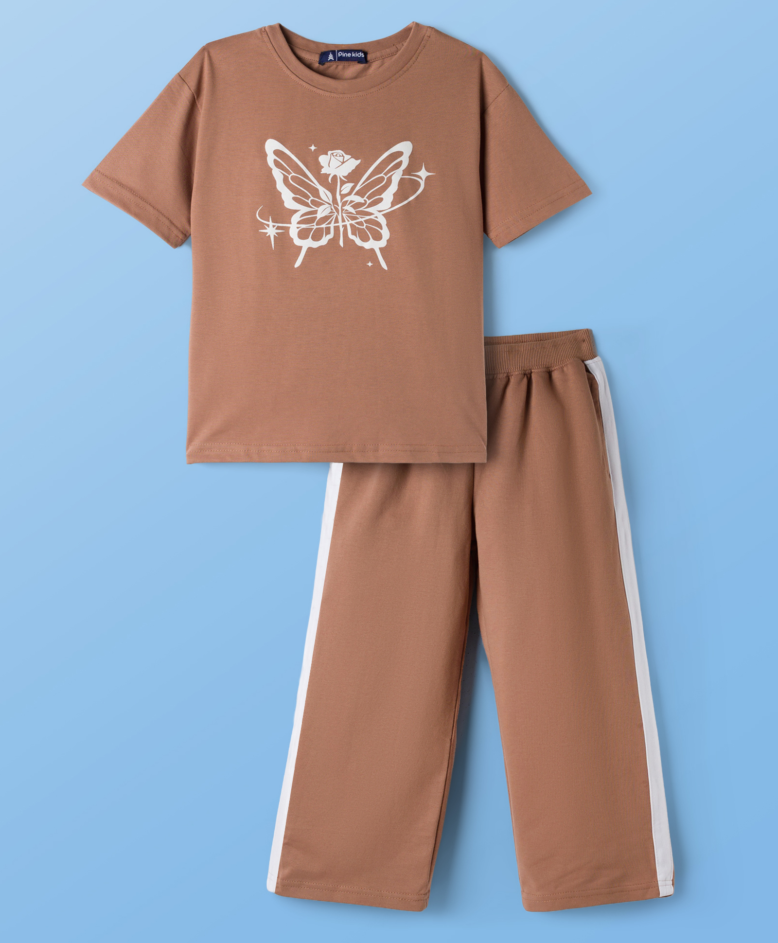 Pine Kids Cotton Looper Knit Half Sleeves Butterfly & Rose Printed Top & Track Pant Set - Tan-image-13