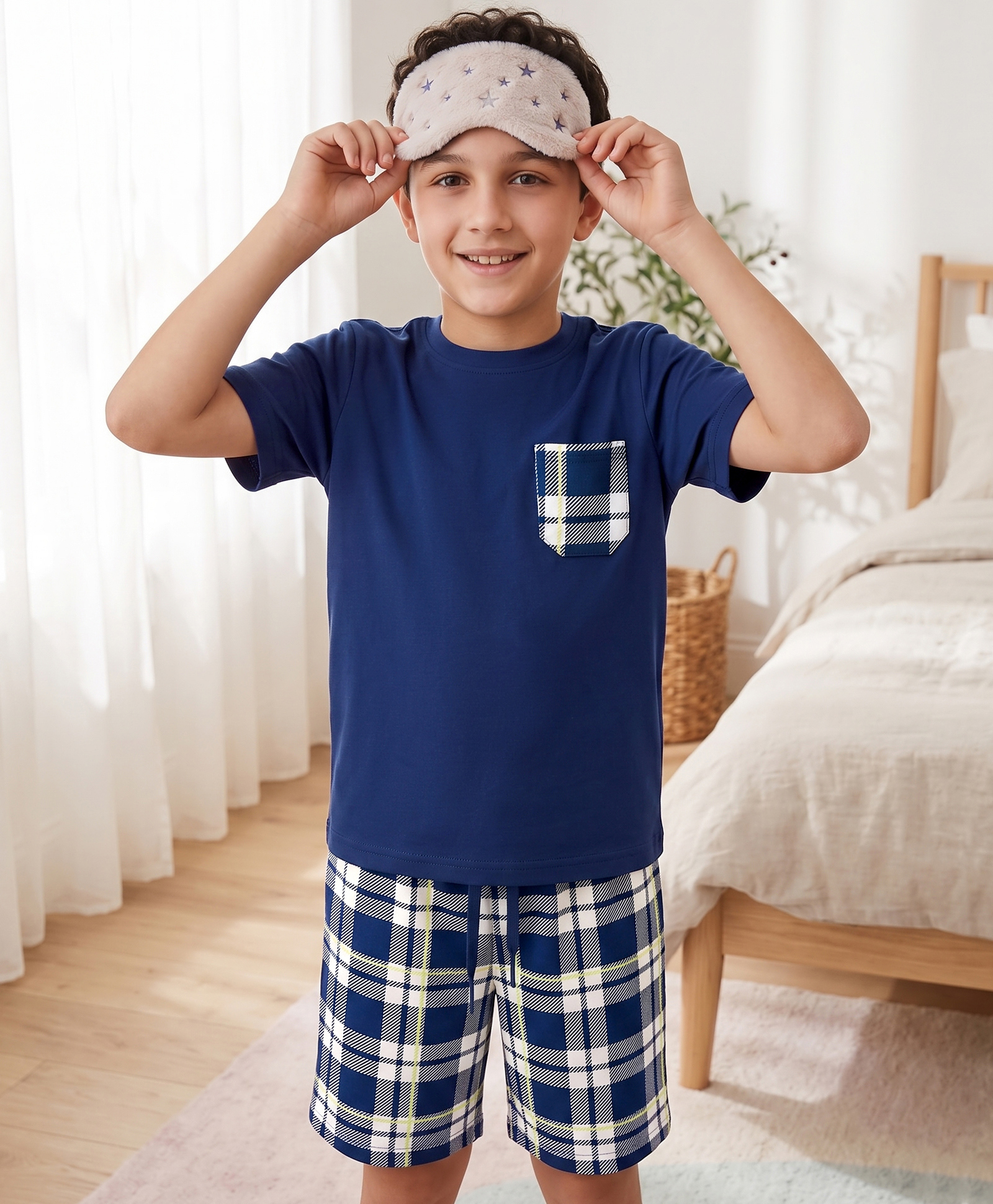 Pine Kids Cotton Knit Half Sleeves Checkered T-Shirt & Shorts Night Suit - Navy Blue-image-28