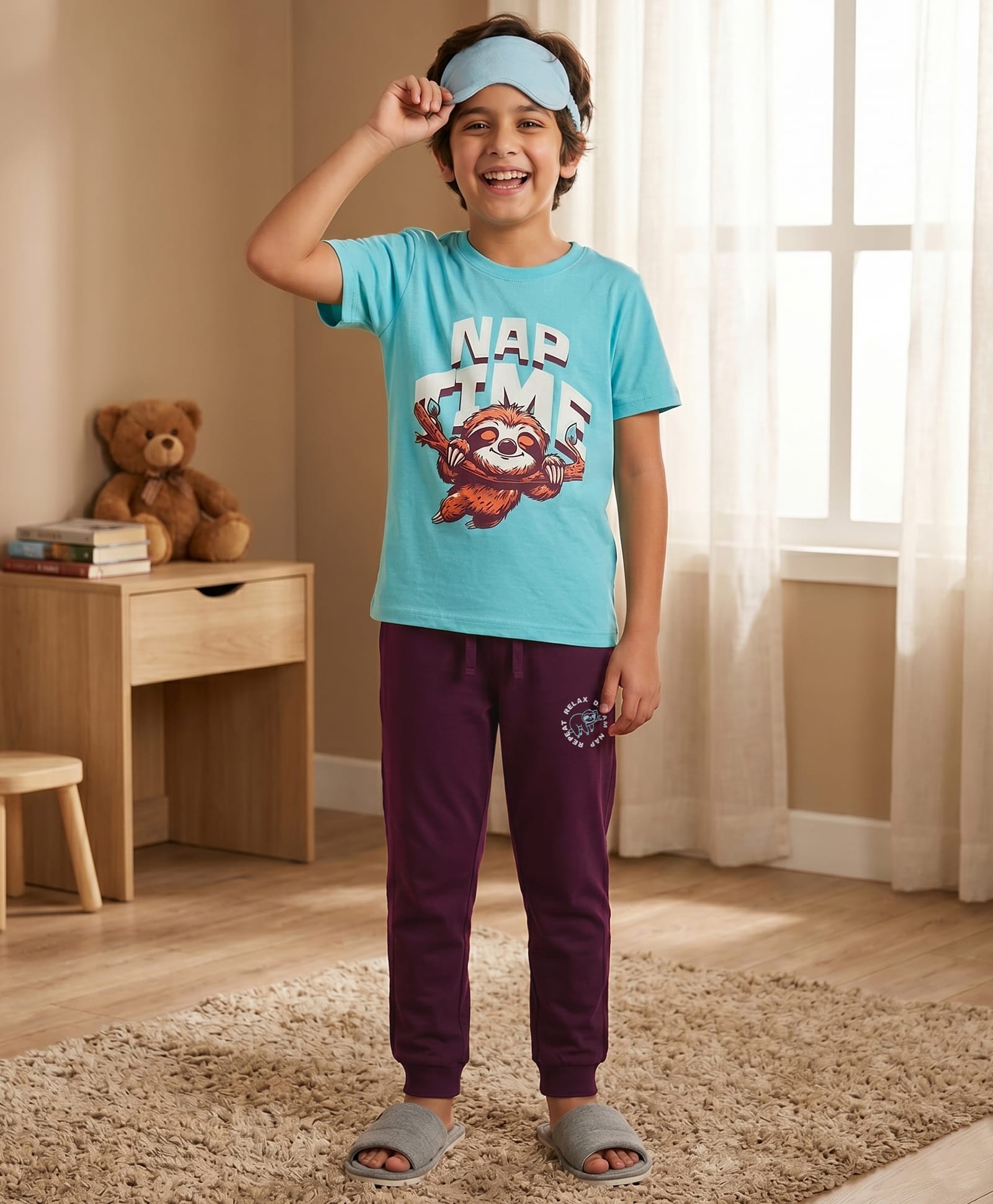 Pine Kids Cotton Knit Half Sleeves Text & Sloth Printed T-Shirt & Pyjama Night Suit - Light Blue-image-46