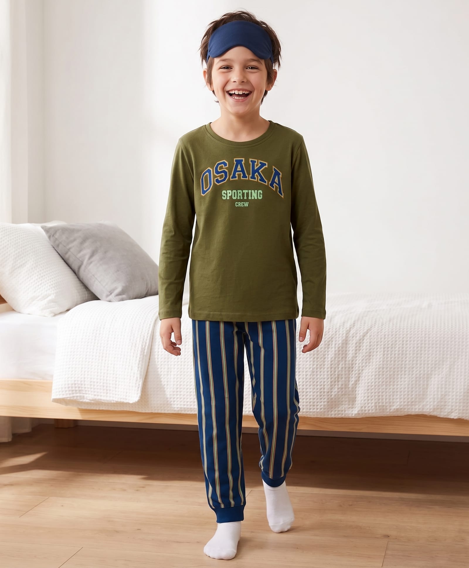Pine Kids Cotton Knit Full Sleeves Text Printed Tee & Pyjama Night Suit - Olive Green-image-41