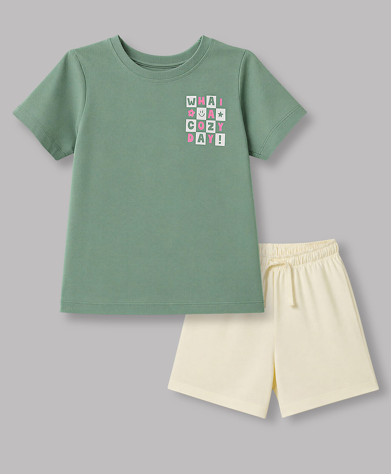 Pine Kids Cotton Knit Half Sleeves T-Shirt & Shorts Night Suit With Text Print - Green-picture-25
