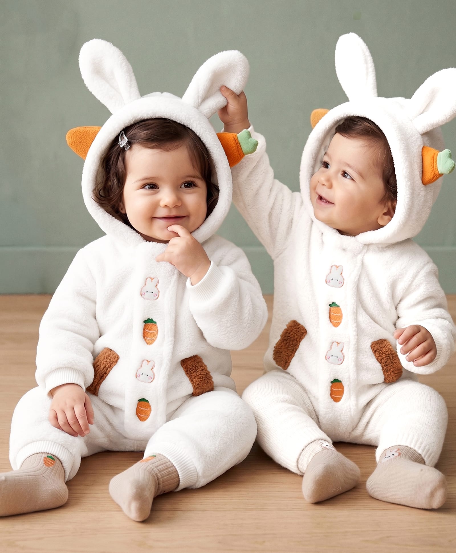 Mark & Mia Full Sleeves Winter Wear Hooded Romper With Bunny Applique - White-picture-22
