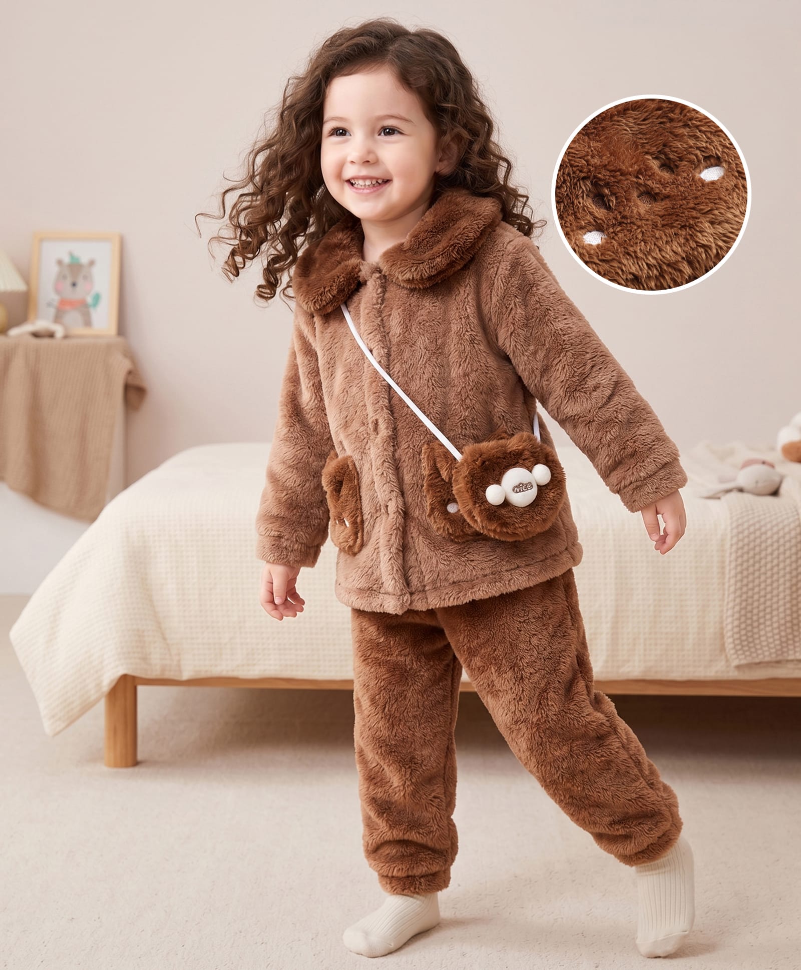 Mark & Mia Full Sleeves Shirt & Pyjama Winter Wear Night Suit with Cat Patch & Sling Bag - Brown-image-13