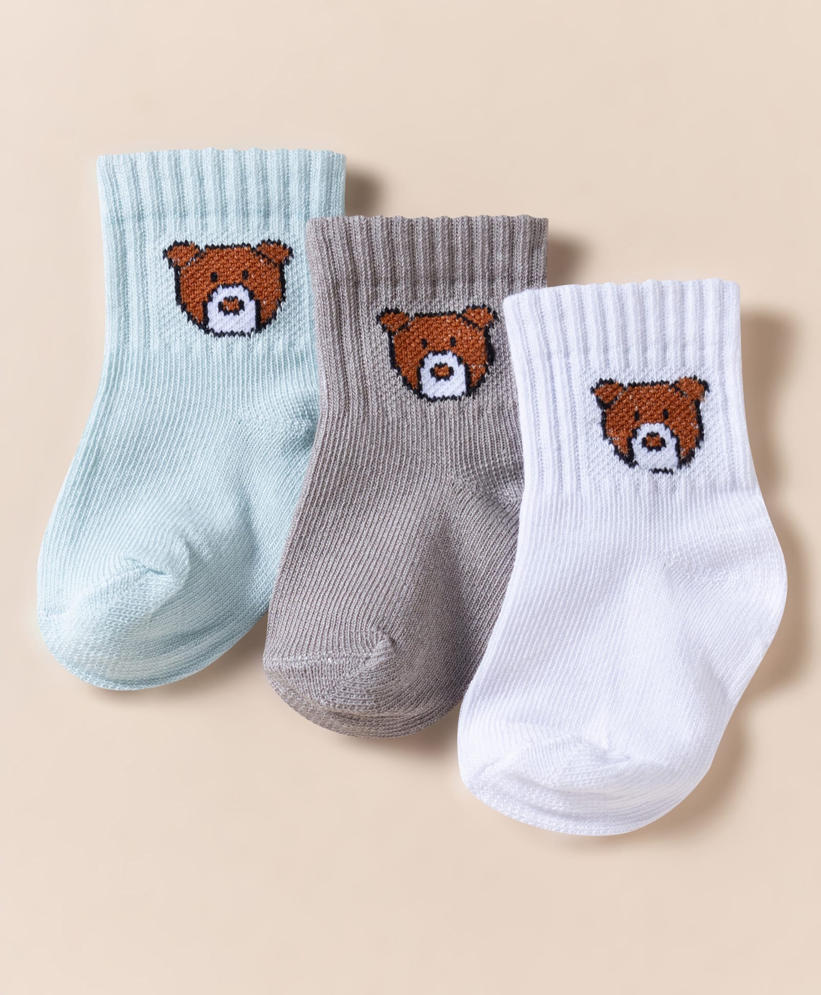 Doodle Poodle Cotton Knit Ankle Length Bear Design Socks Pack of 3 - White Blue & Light Brown-picture-27