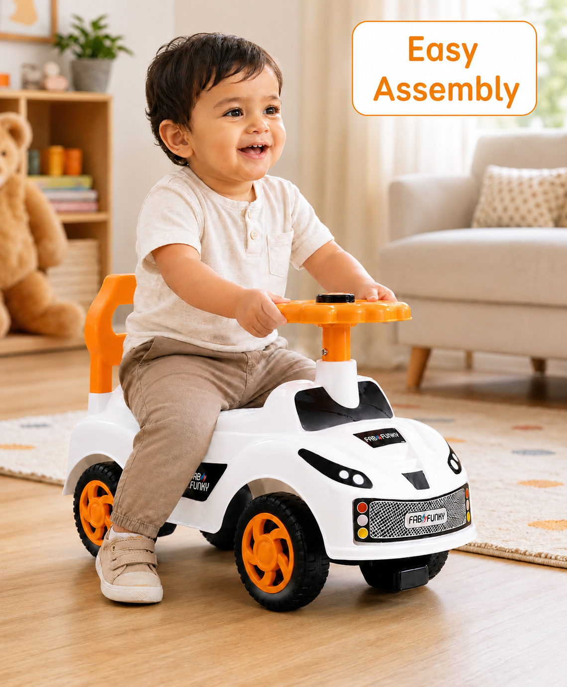 Car Shape Deluxe Manual Ride-On White| Foot-to-Floor Operation| High Backrest| Comfortable Seat| Activity Gifting Option| Chu Chu Horn-image-46