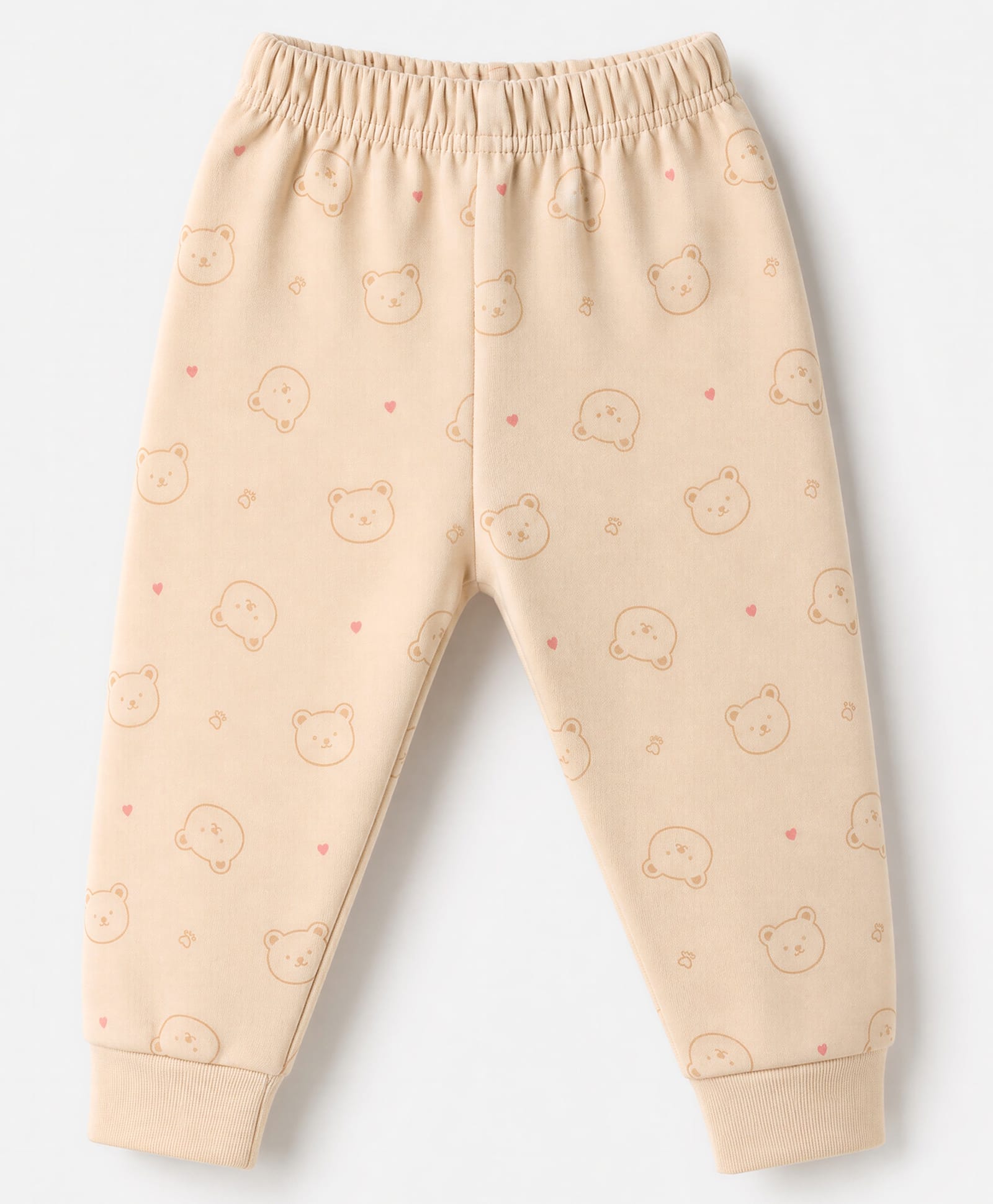 Simply Fleece Knit Full Length Hearts & Bear Printed Fleece & Woollen Pant - Beige-image-2