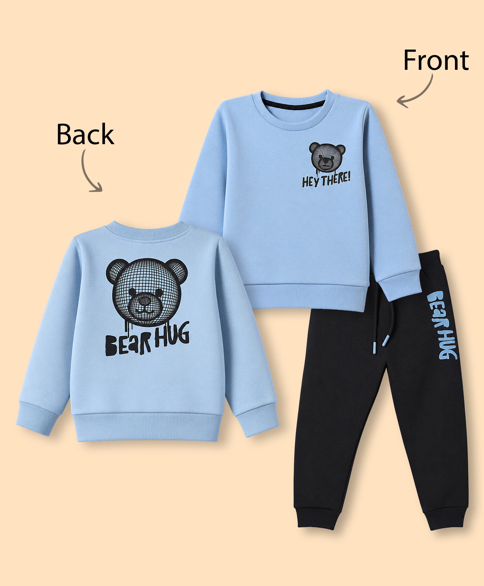 Simply Fleece Knit Full Sleeves Winter Wear Suit With Bear & Text Print At Front & Back - Light Blue-picture-17