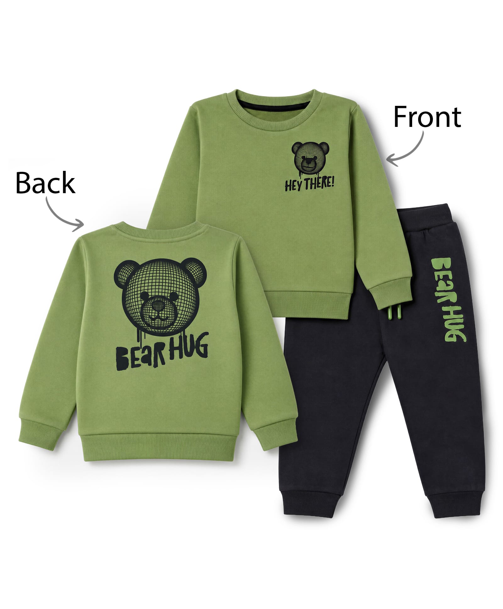 Simply Fleece Knit Full Sleeves Winter Wear Suit With Bear & Text Print At Front & Back - Olive Green-image-44
