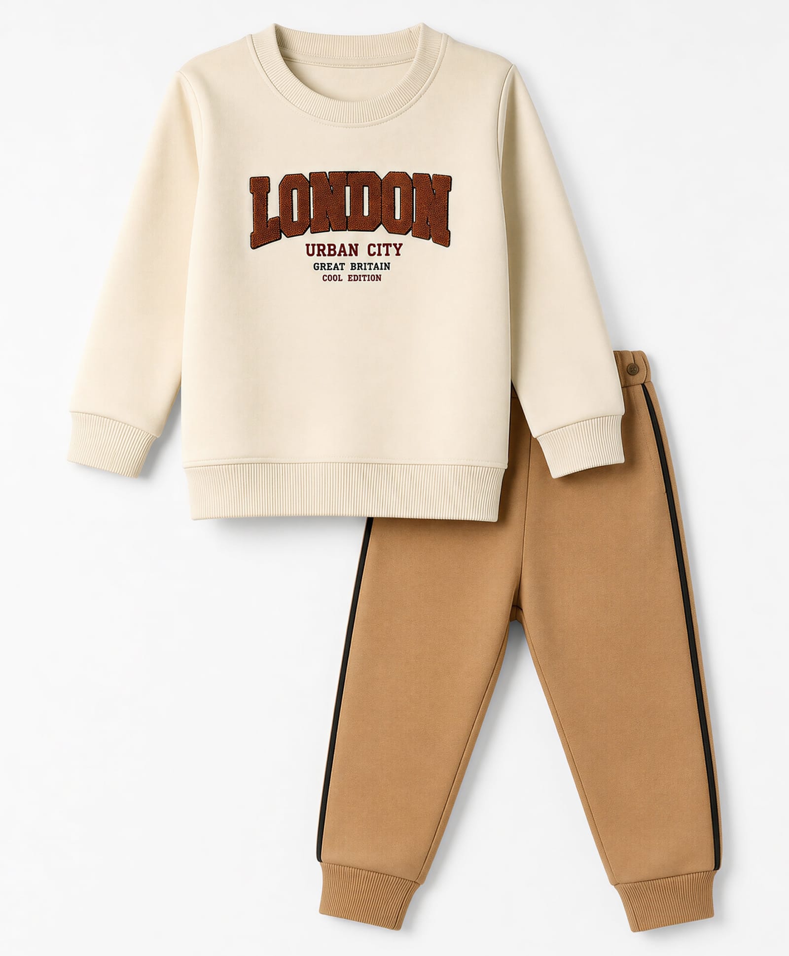 Simply Fleece Knit Full Sleeves Winter Wear Suits Text Embroidery - Cream & Light Brown-image-14