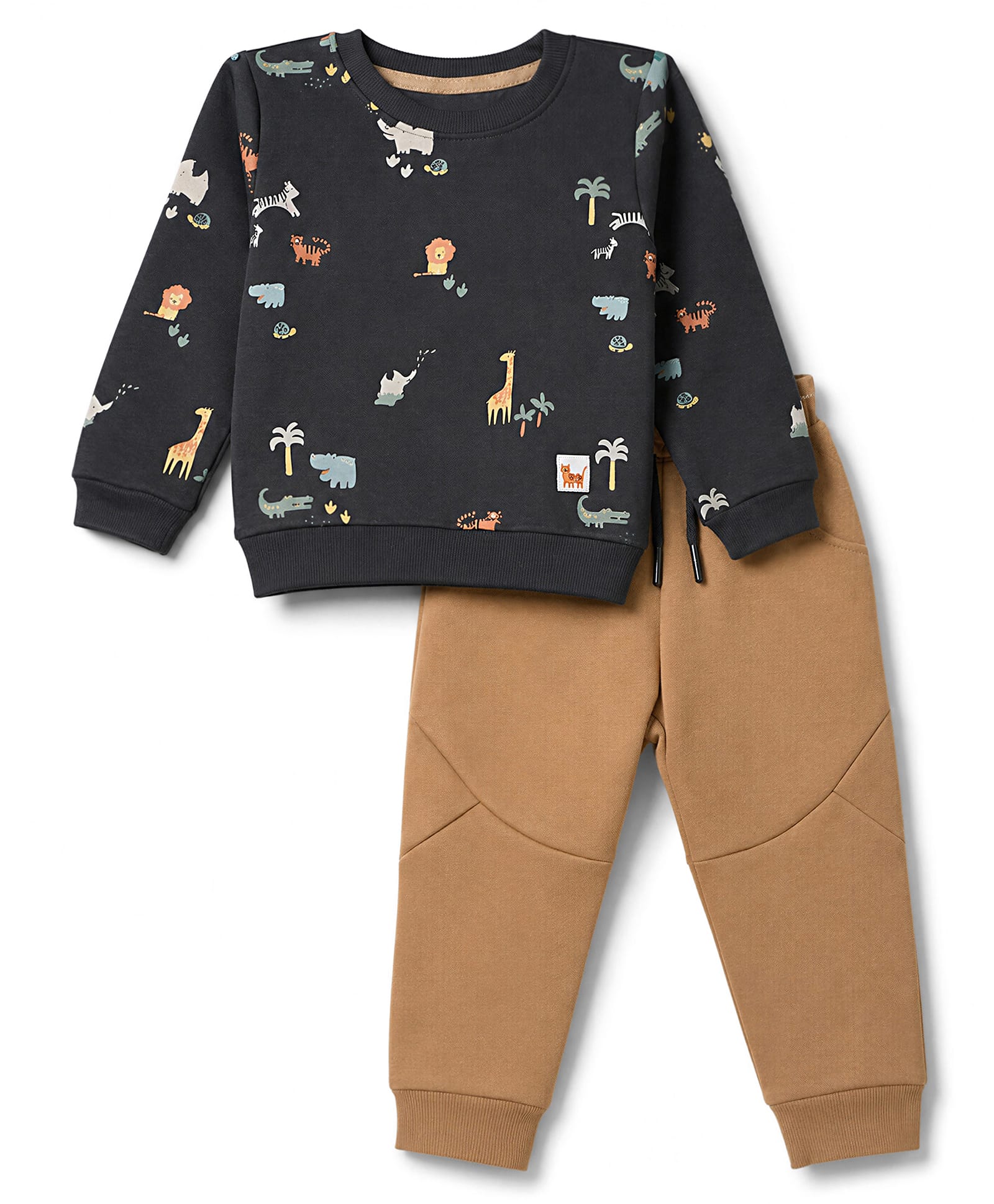Simply Fleece Knit Full Sleeves Winter Wear Suits Animal Print - Camel & Greenish Black-image-21