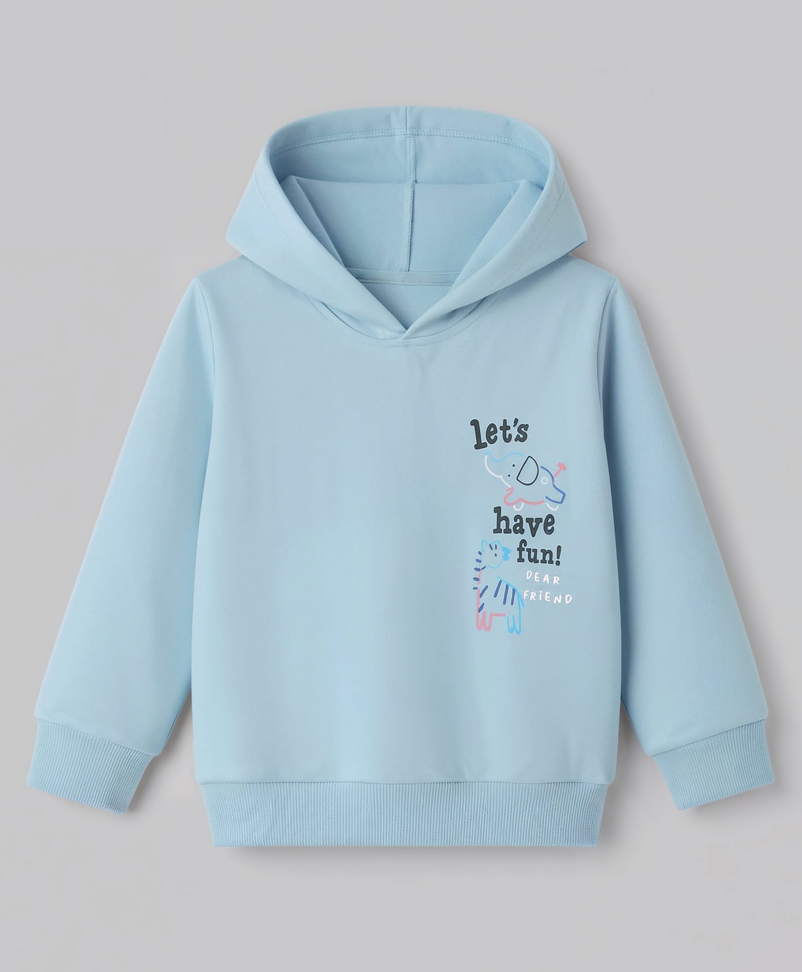 Simply Fleece Knit Hooded Sweatshirt with Full Sleeves and Let' Have Fun Text Print - Light Blue-image-14