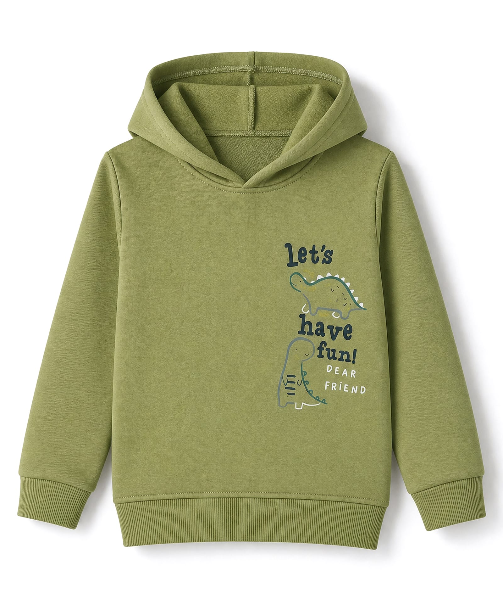 Simply Fleece Knit Hooded Sweatshirt with Full Sleeves and Let' Have Fun Text Print - Olive Green-picture-14