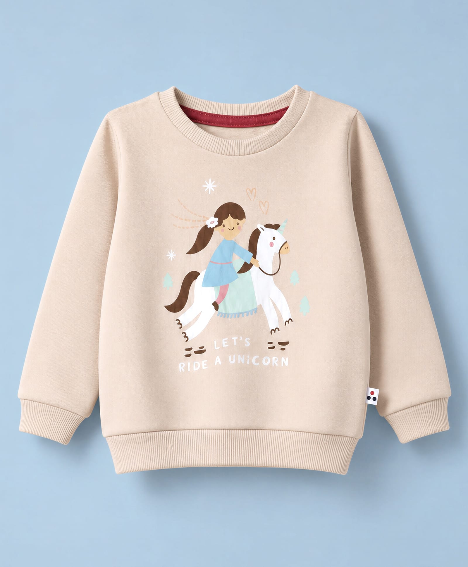 Simply Fleece Knit Sweatshirt with Full Sleeves and Unicorn Print - Beige-image-30