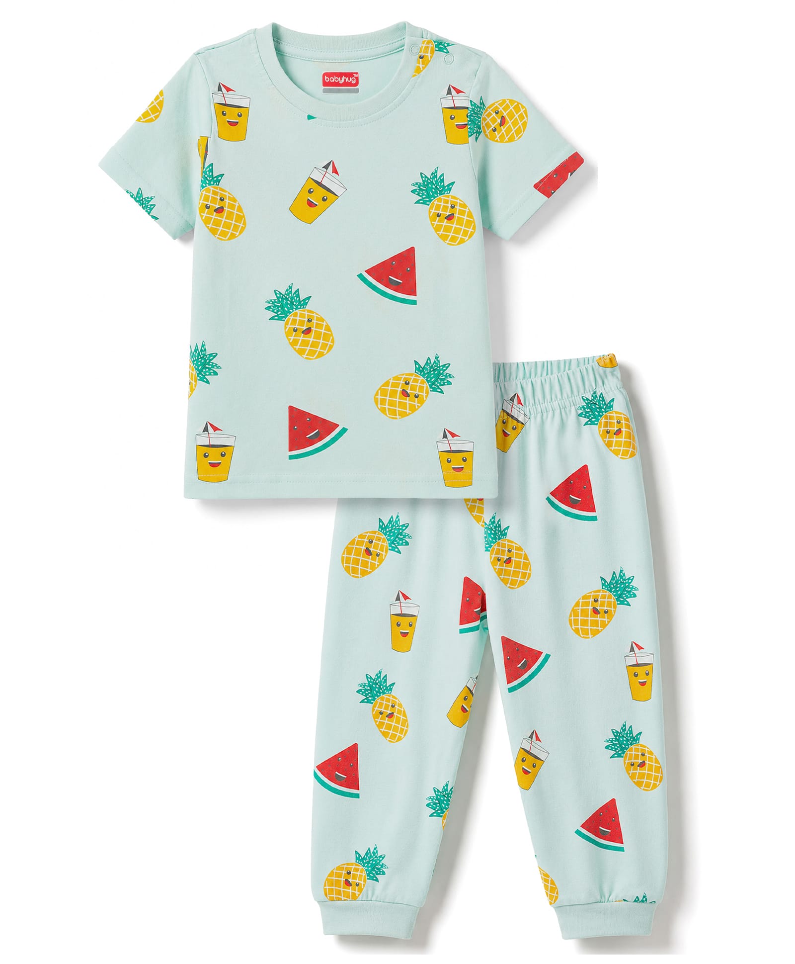 Babyhug Cotton Knit Half Sleeves Tropical Theme Printed Co-Ords T-Shirt & Pyjama Night Suit - Light Blue-image-24