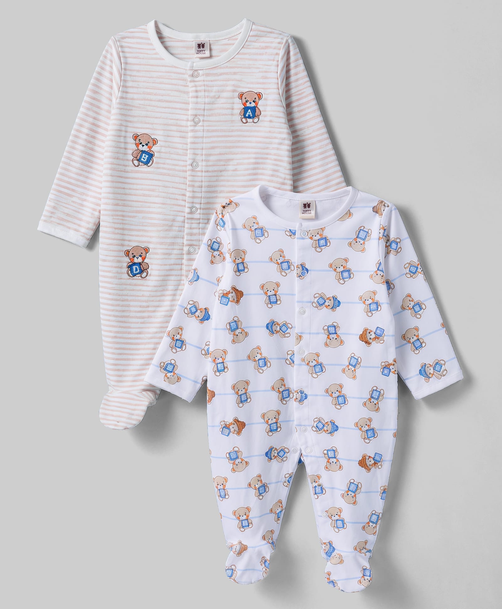 ToffyHouse Knitted Full Sleeves Striped Footed Nightsuit With Teddy Print Pack of 2 - MUlticolor-picture-44