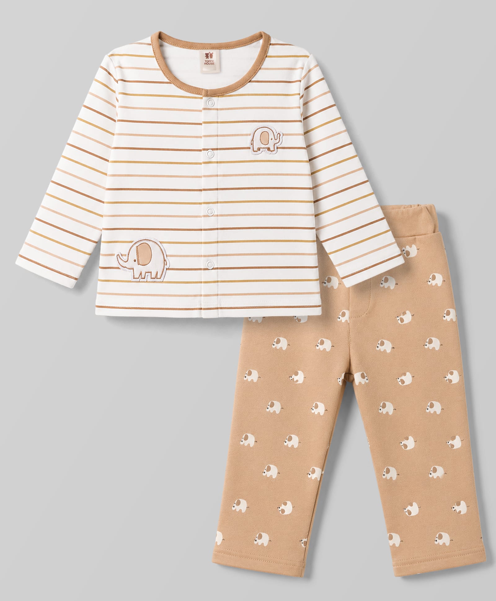 ToffyHouse Knitted Full Sleeves Striped T-Shirt & Pyjama Night Suit With Elephant Print & Patch - Brown-picture-15