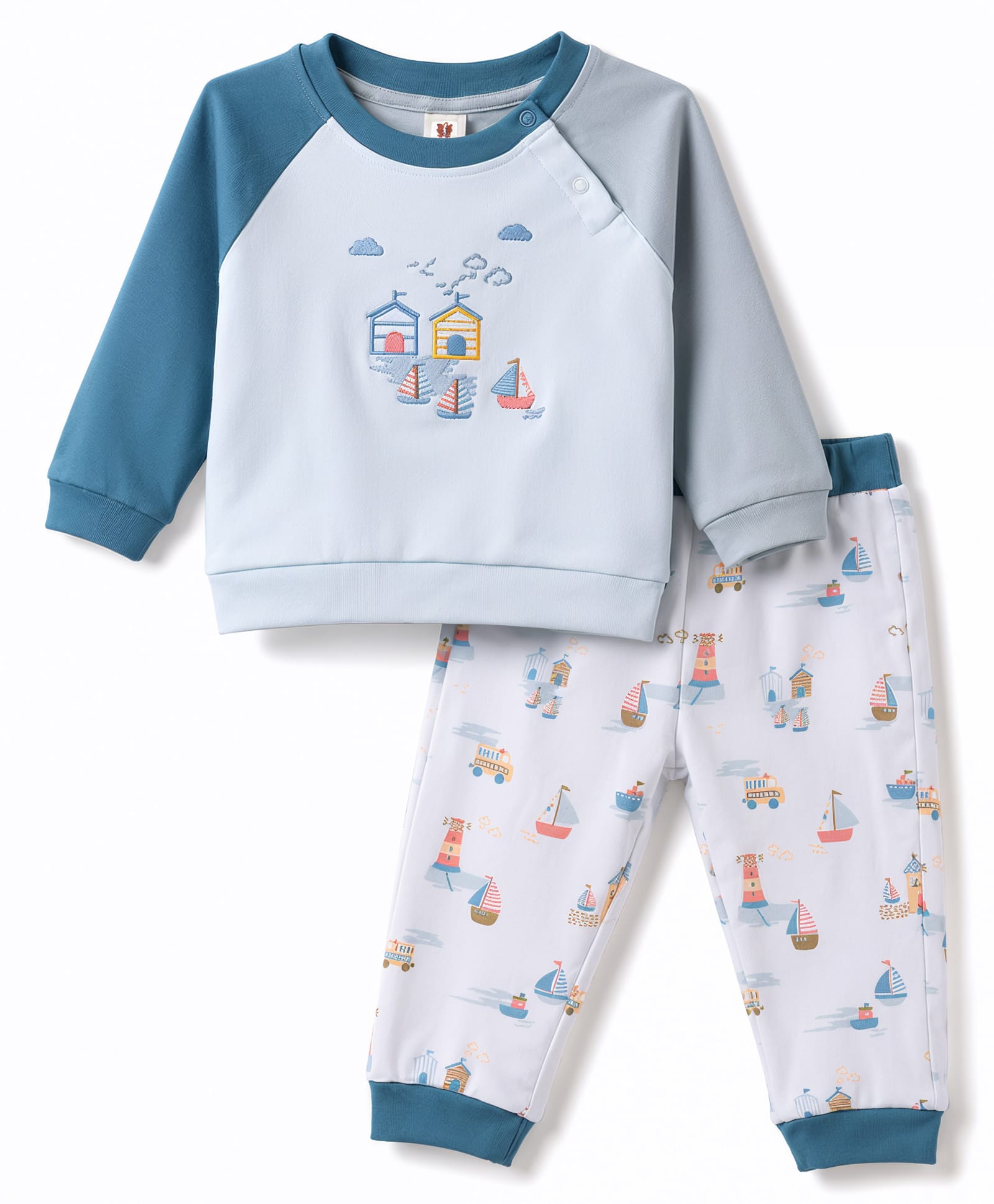 ToffyHouse Knitted Full Sleeves T-Shirt & Pyjama Night Suit With Nautical Theme Print & Embroidery - Blue-picture-46