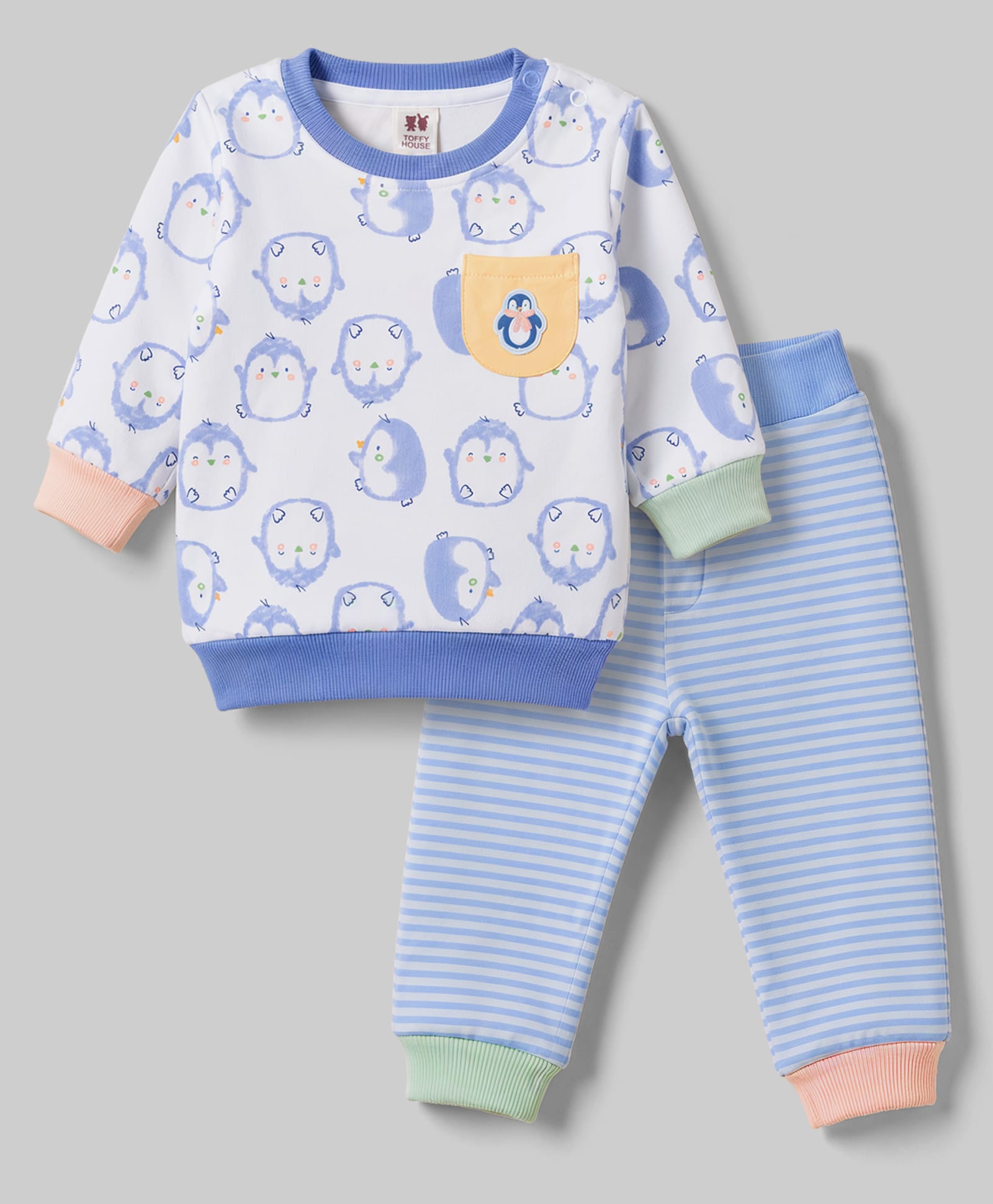 ToffyHouse Fleece Woven Full Sleeves T-Shirt & Striped Pyjama With Penguin Print - Multicolor-image-18