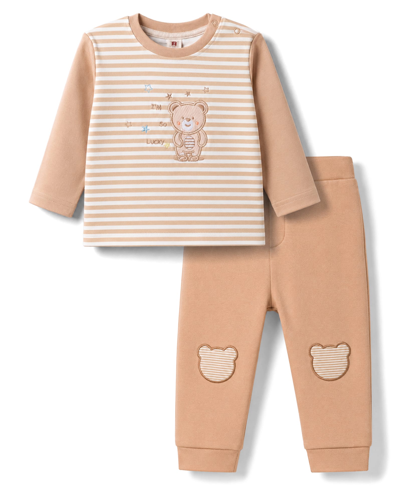 ToffyHouse Knitted Full Sleeves Striped T-Shirt & Pyjama Night Suit With Bear Embroidery - Brown-picture-45